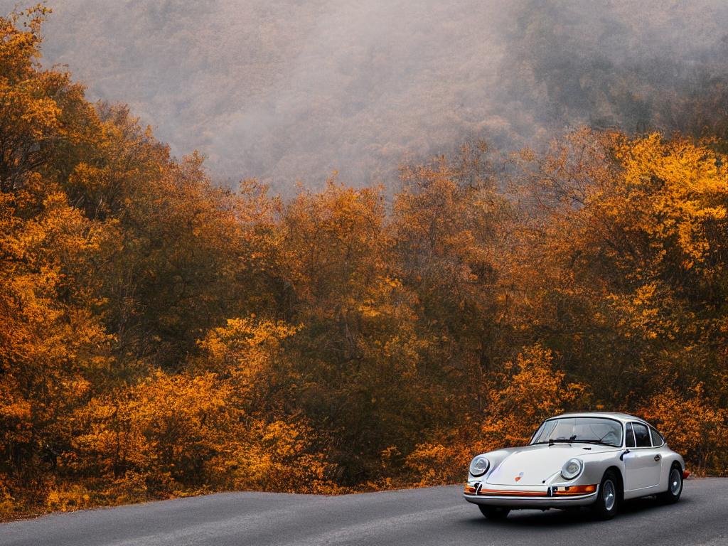 prompthunt: a porsche singer with lights on a mountain road, autumn leaves, motion blur, 3 5 mm photography, car photography, clean lines, realistic