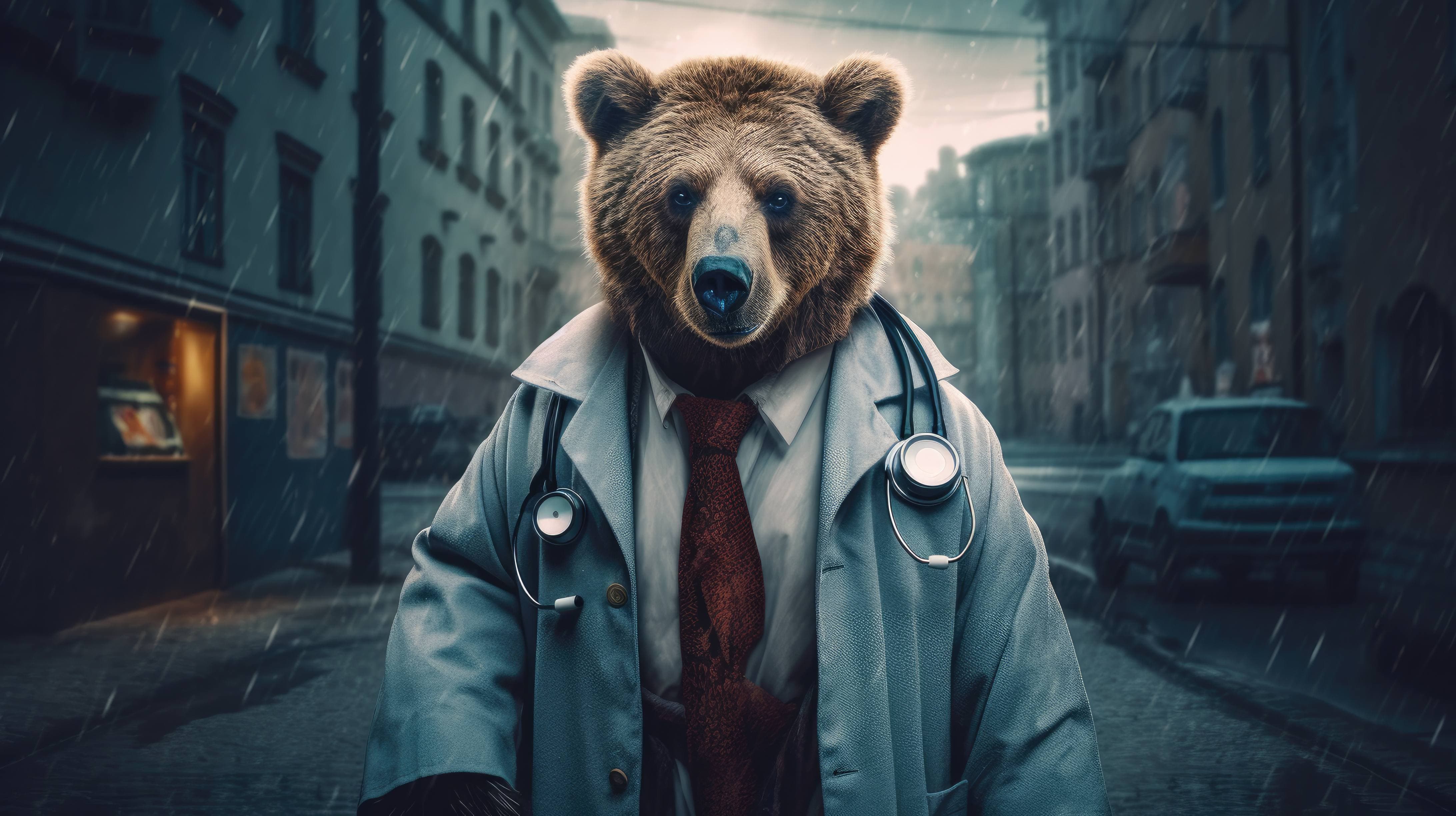 A 4K ultra HD wallpaper of a bear dressed in a doctor's coat, wearing a stethoscope and holding a medical bag, representing a compassionate and skilled veterinarian