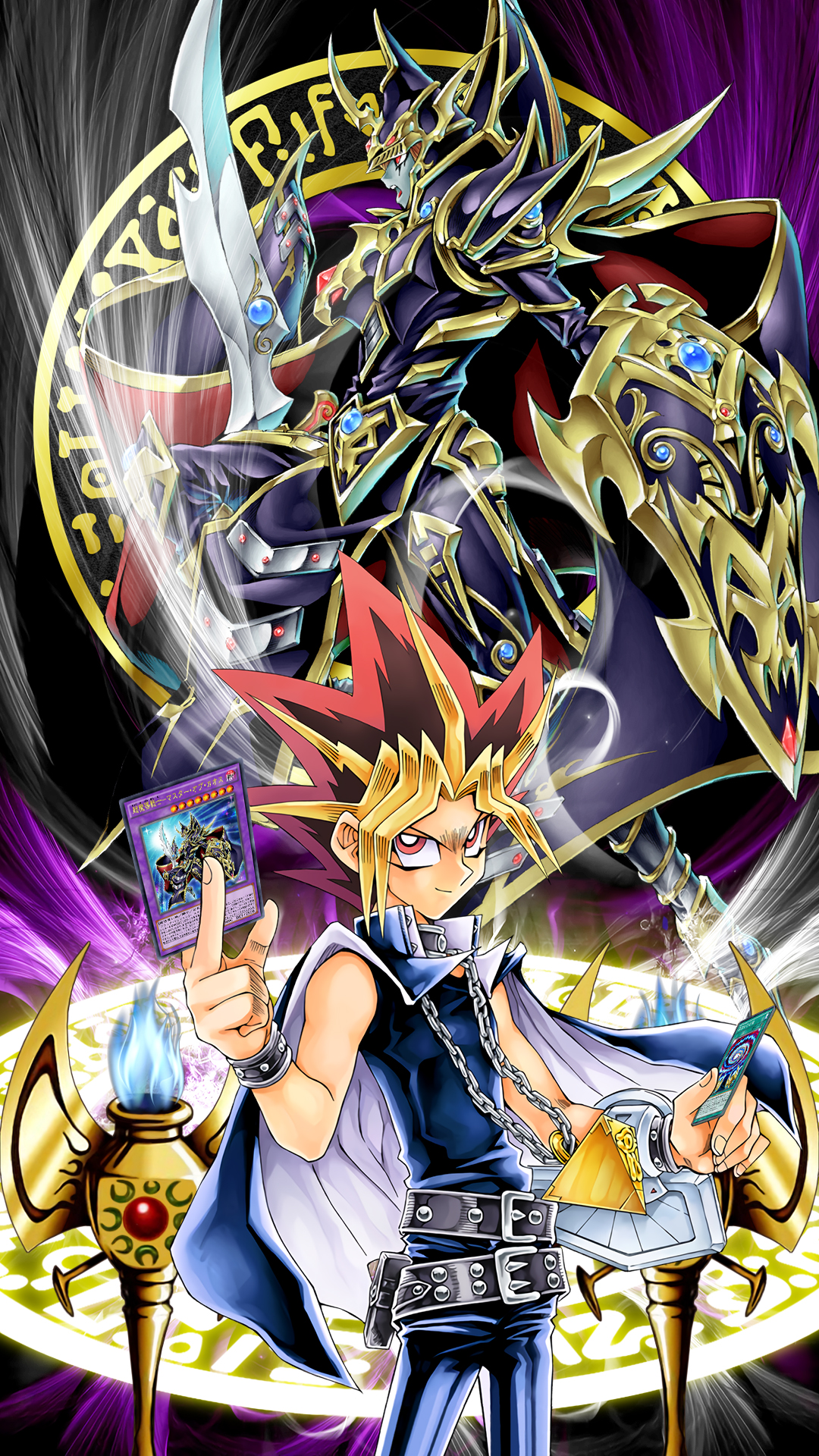 Yugi and Master of Chaos wallpaper with elements from the Secrets of Dark Magic spell card