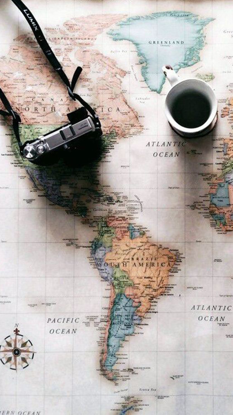 World Map Travel Plans Camera Coffee Free Download Wallpaper for Phone