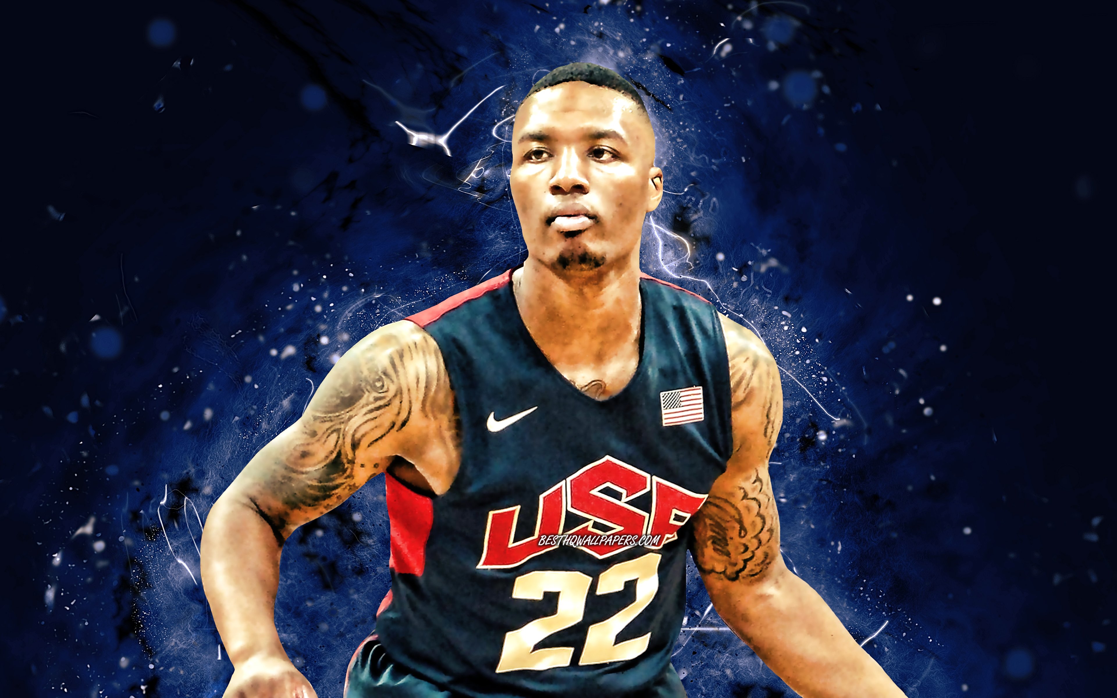 Download wallpaper Damian Lillard, 4k, USA Basketball Mens National Team, blue neon lights, Damian Lamonte Ollie Lillard, basketball, US mens national basketball team, creative, Damian Lillard 4K for desktop with resolution 3840x2400