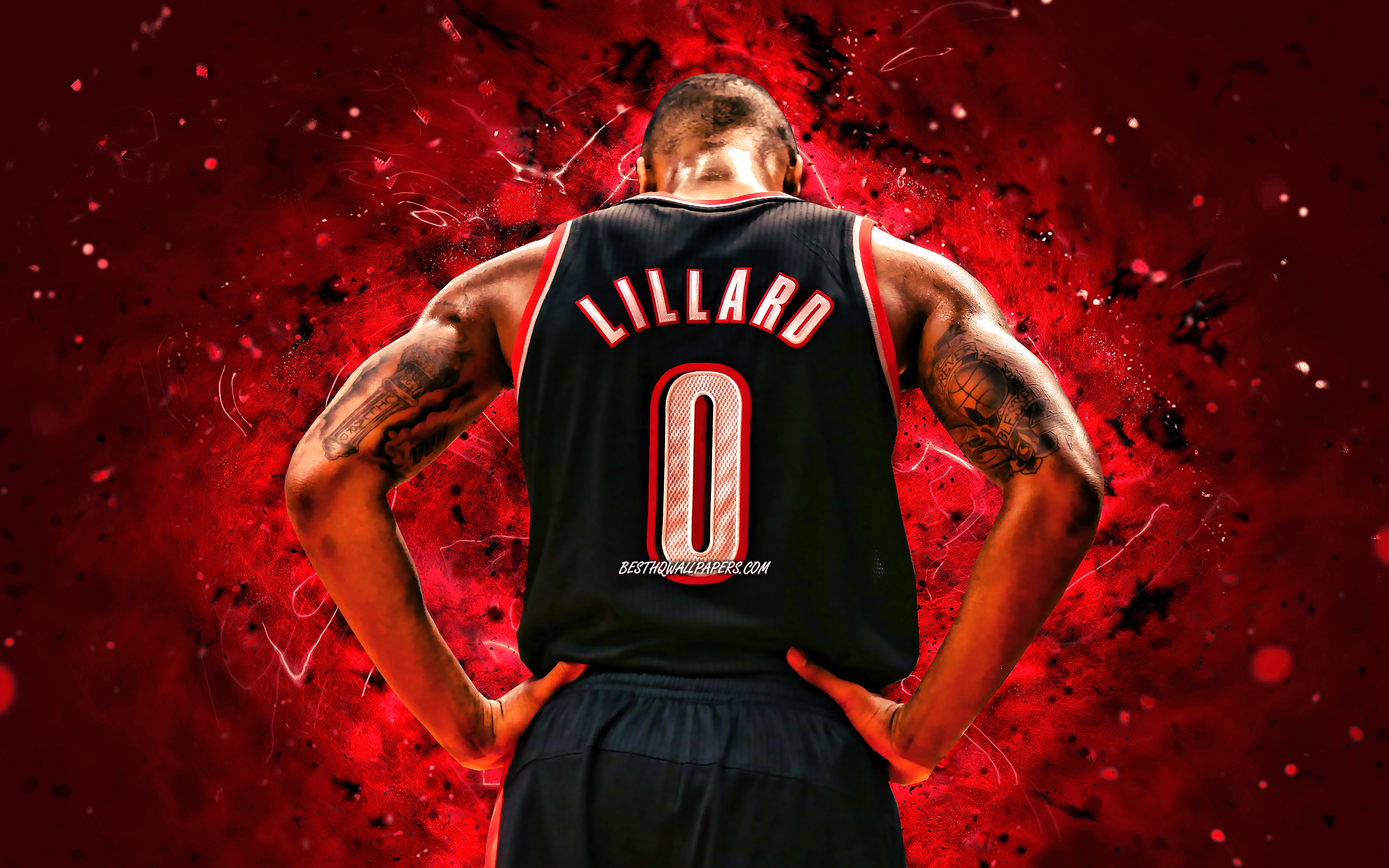 Download wallpaper Damian Lillard, 4k, back view, Portland Trail Blazers, NBA, basketball, Damian Lamonte Ollie Lillard, Damian Lillard Portland Trail Blazers, red neon lights, Damian Lillard 4K for desktop with resolution 3840x2400