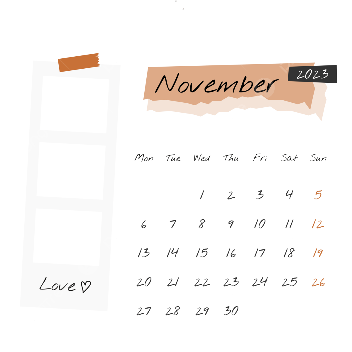 Calendar November Vector Hd Image, November 2023 Calendar With Polaroid Frame, November 2023, November, Kalender November PNG Image For Free Download