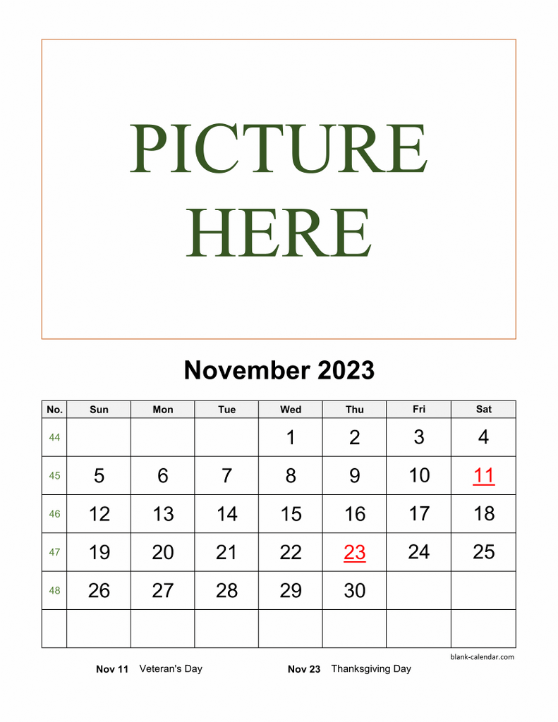 Free Download Printable November 2023 Calendar, pictures can be placed at the top