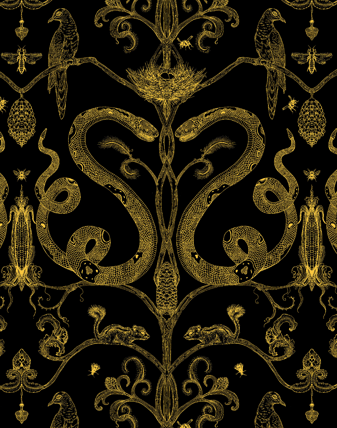 Snake Party, Gold on Black