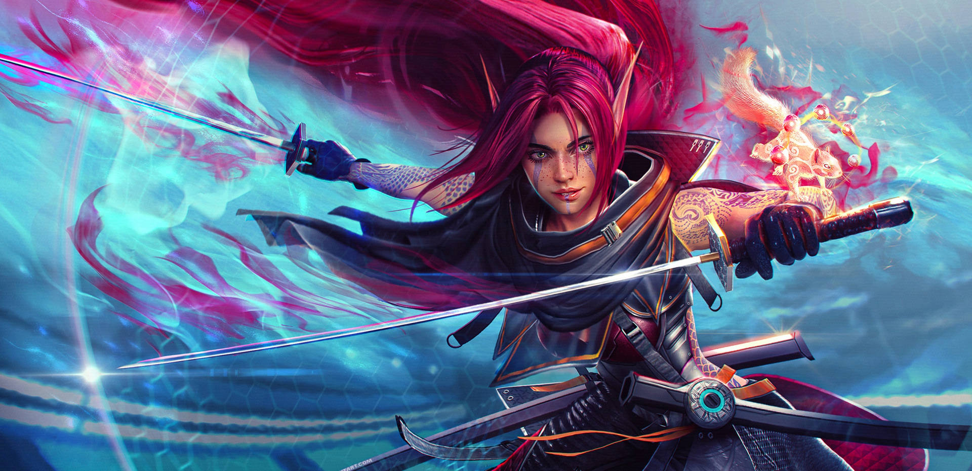 Download A Dual Wielding Elf Warrior In Action Wallpaper