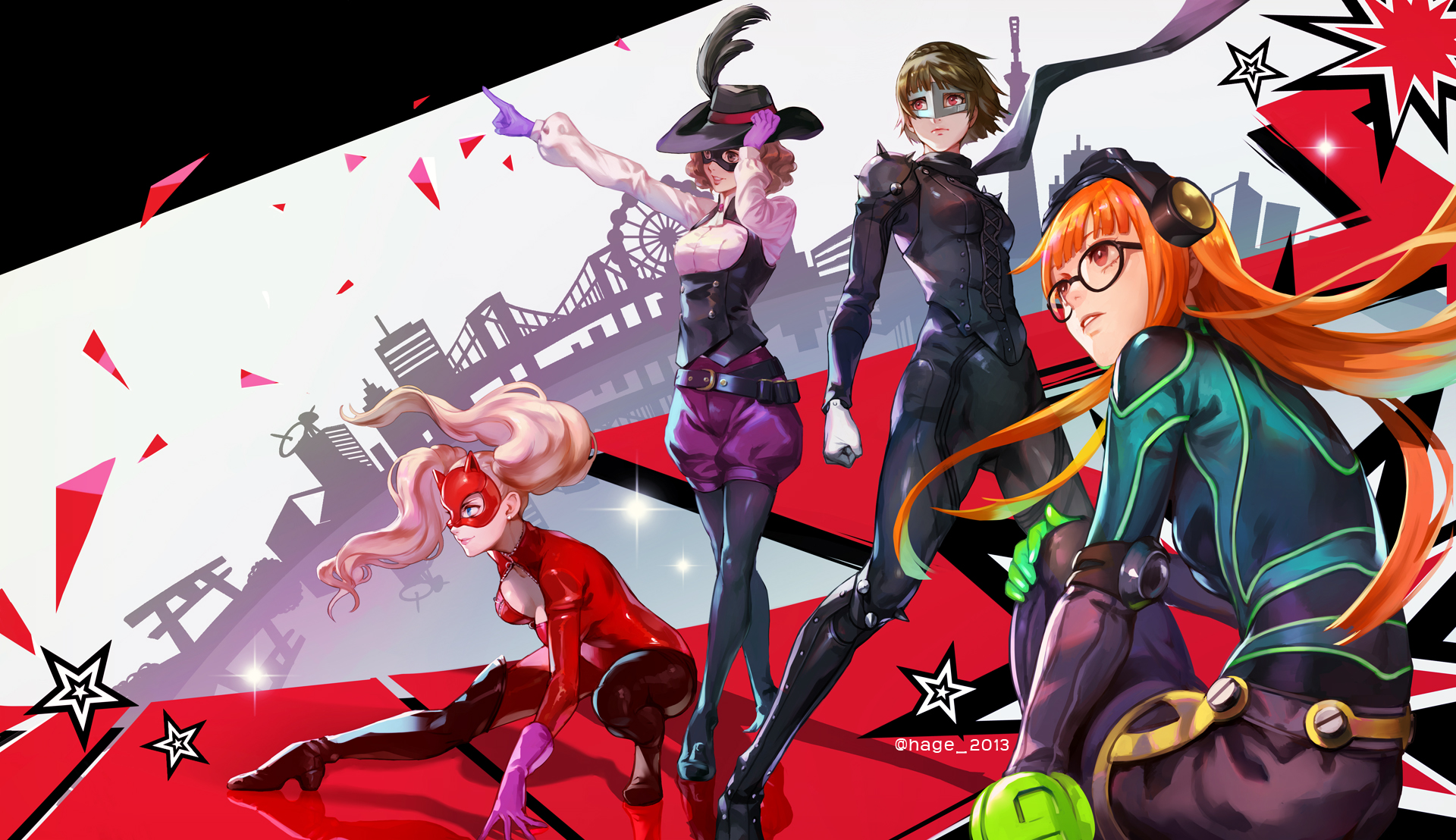 takamaki anne, sakura futaba, niijima makoto, and okumura haru (persona and 1 more) drawn
