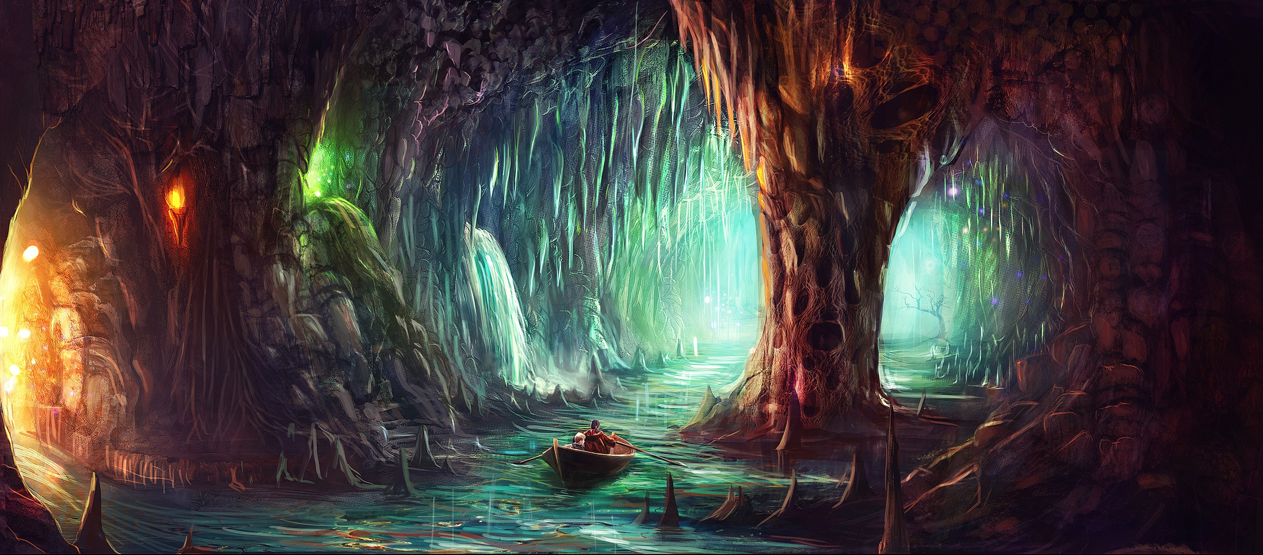 HD desktop wallpaper: Fantasy, Cave, Artistic, Canoe download free picture