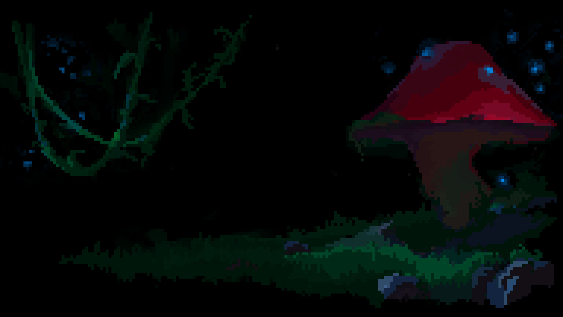 Wallpaper, pixel art, pixelated, pixels, mushroom, dark, black background 1920x1080