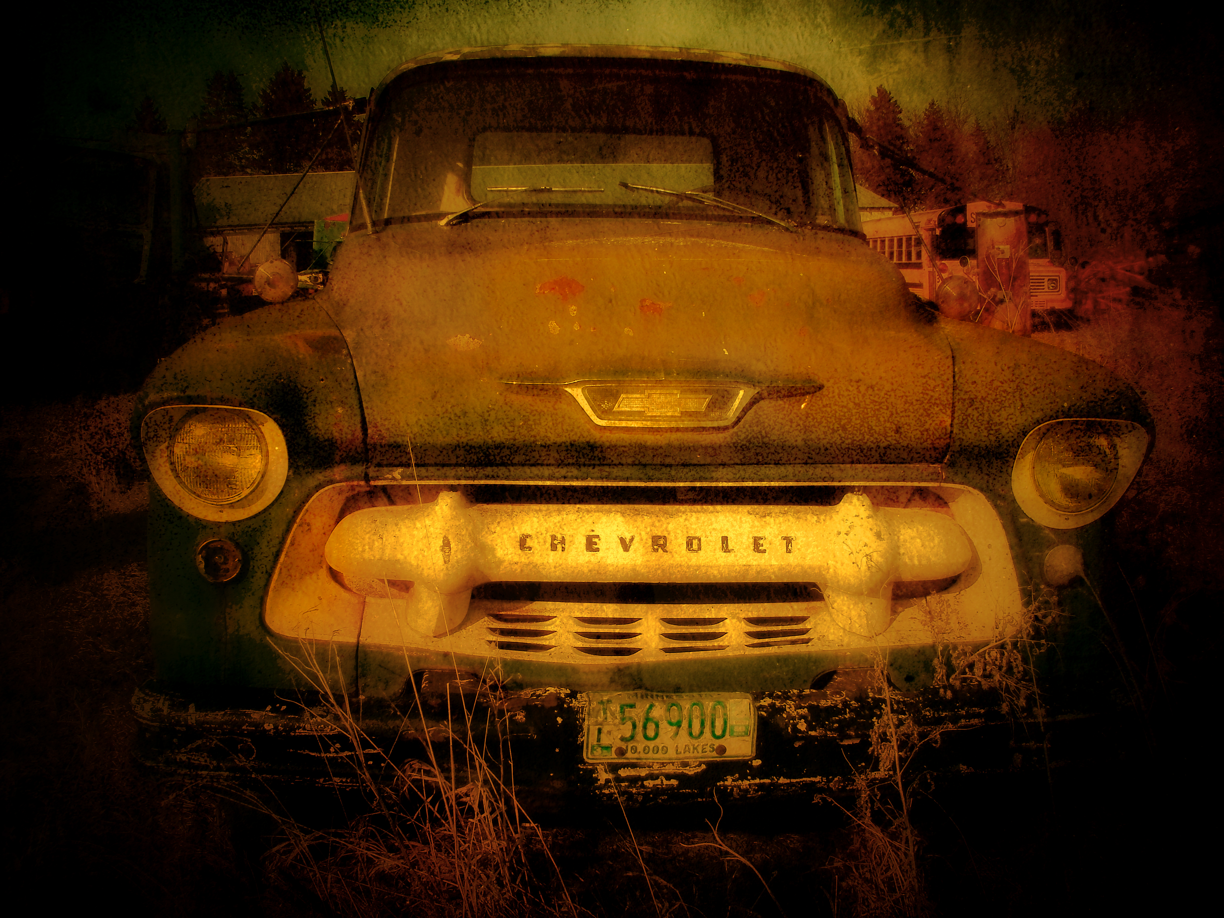 Wallpaper, night, reflection, yellow, farm, rust, USA, Vintage car, Truck, Minnesota, rural, country, blinkagain, darkness, agriculture, classic, magicunicornverybest, computer wallpaper, automotive design, compact car, motor vehicle, watonwancounty