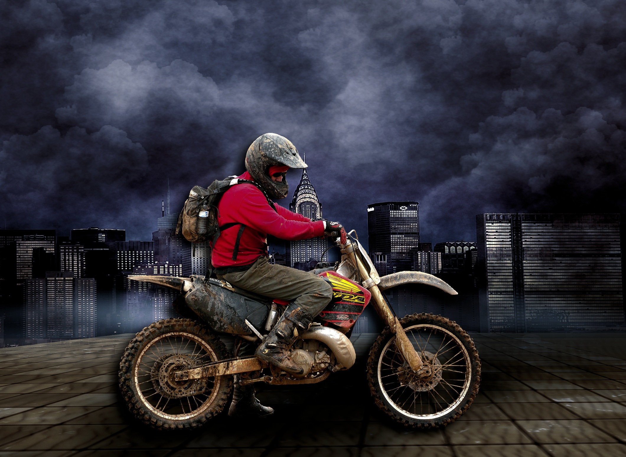 Free Image, skyline, city, travel, vehicle, extreme sport, clouds, motorsport, screenshot, forward, freestyle motocross, motorcycling, end time, motorcycle racing, computer wallpaper, stunt performer 2120x1547