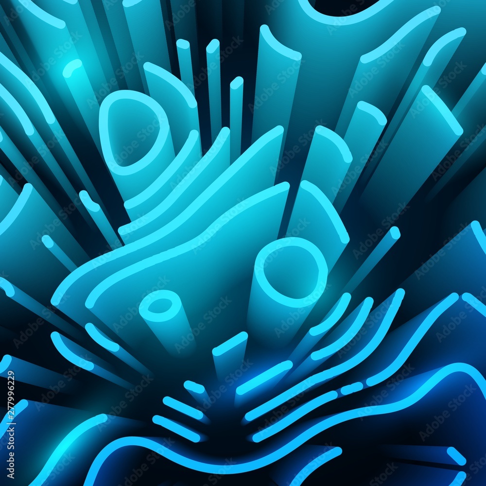 Abstract bright background with 3D elements. Blue Neon Wallpaper with perspective labyrinth. Technical style with wave line. Gradient color geometric shape. Vector Stock Vector