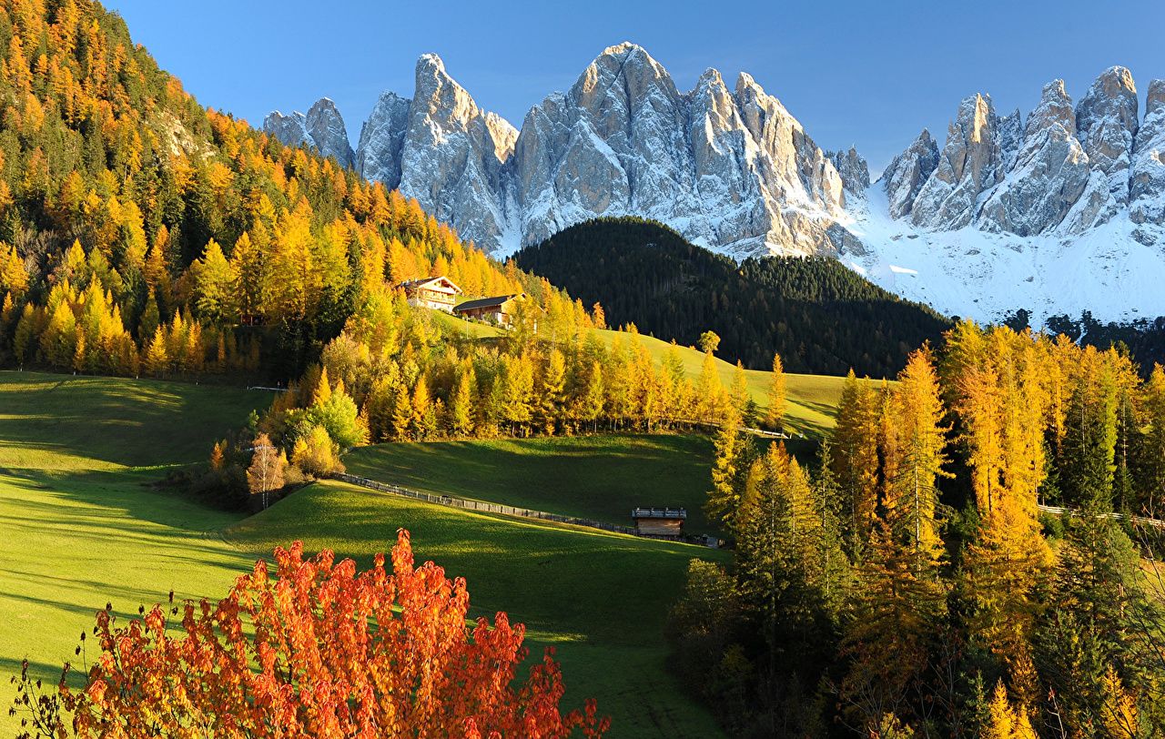 Wallpaper Italy Dolomites Val Gardena Autumn Nature Mountains Meadow Forests Landscape photography Scenery. Landscape photography, Dolomites, destinations