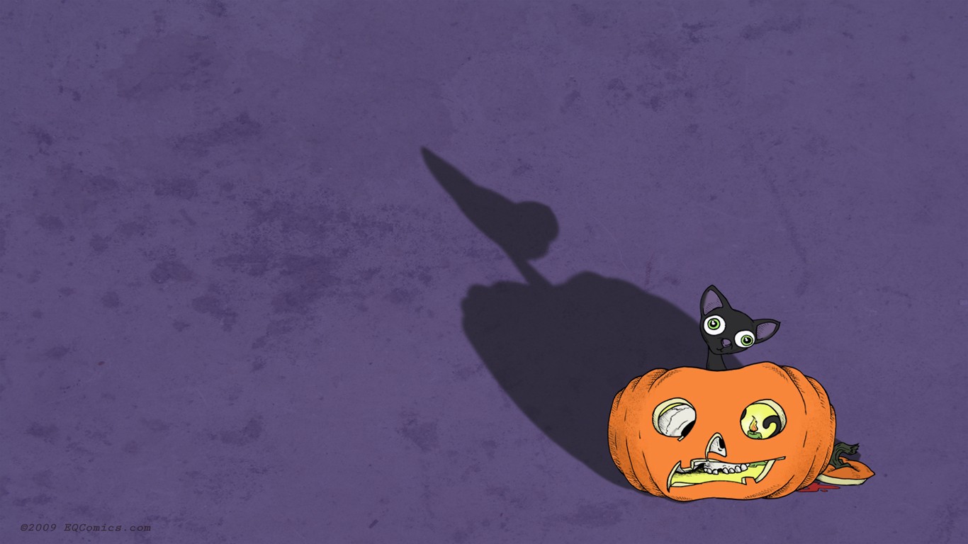 Wallpaper, illustration, cat, Halloween, pumpkin, artwork, cartoon, Black Cat, screenshot, computer wallpaper 1366x768