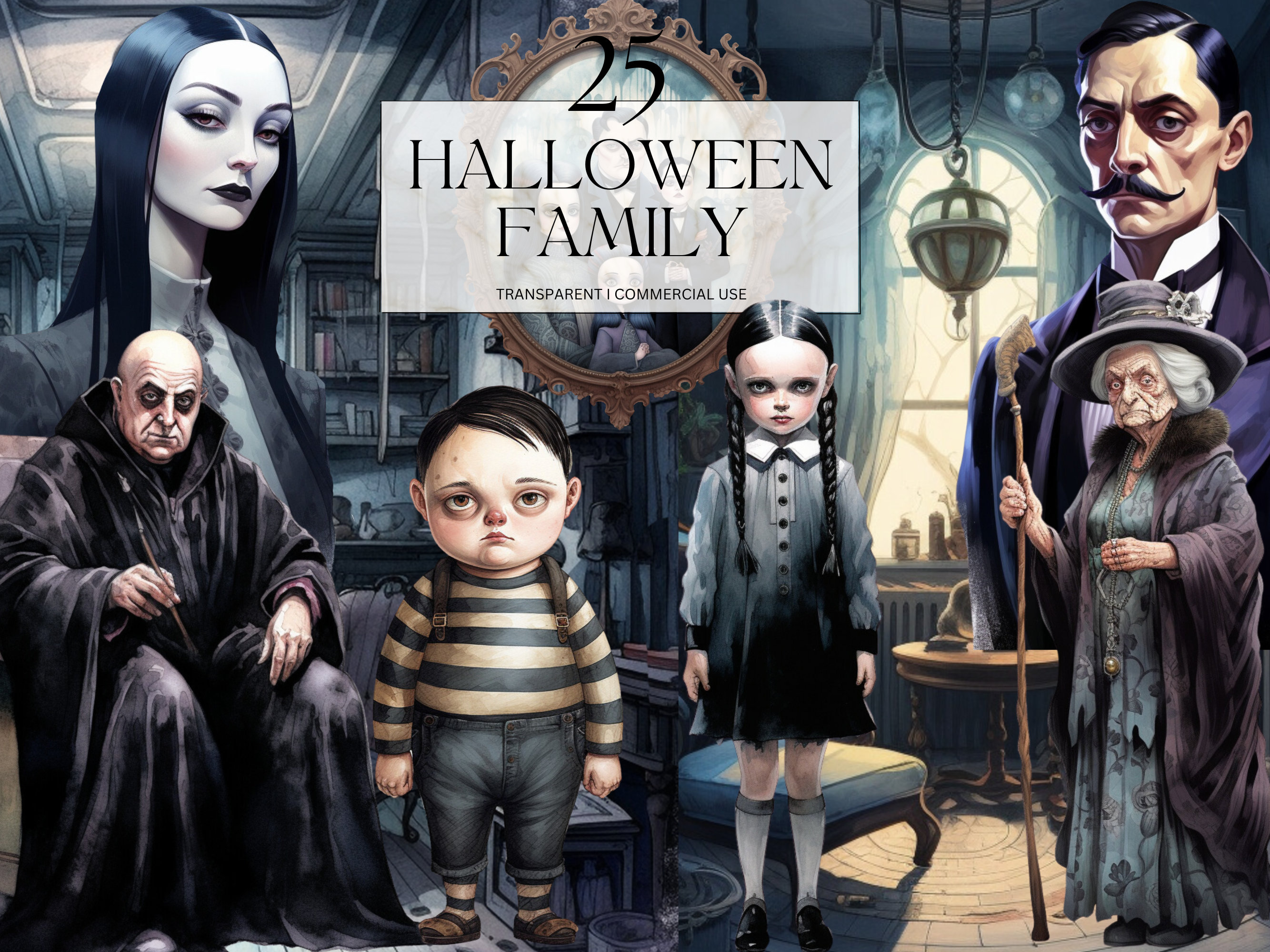 Watercolor Halloween Family Clipart Printable Addams Art