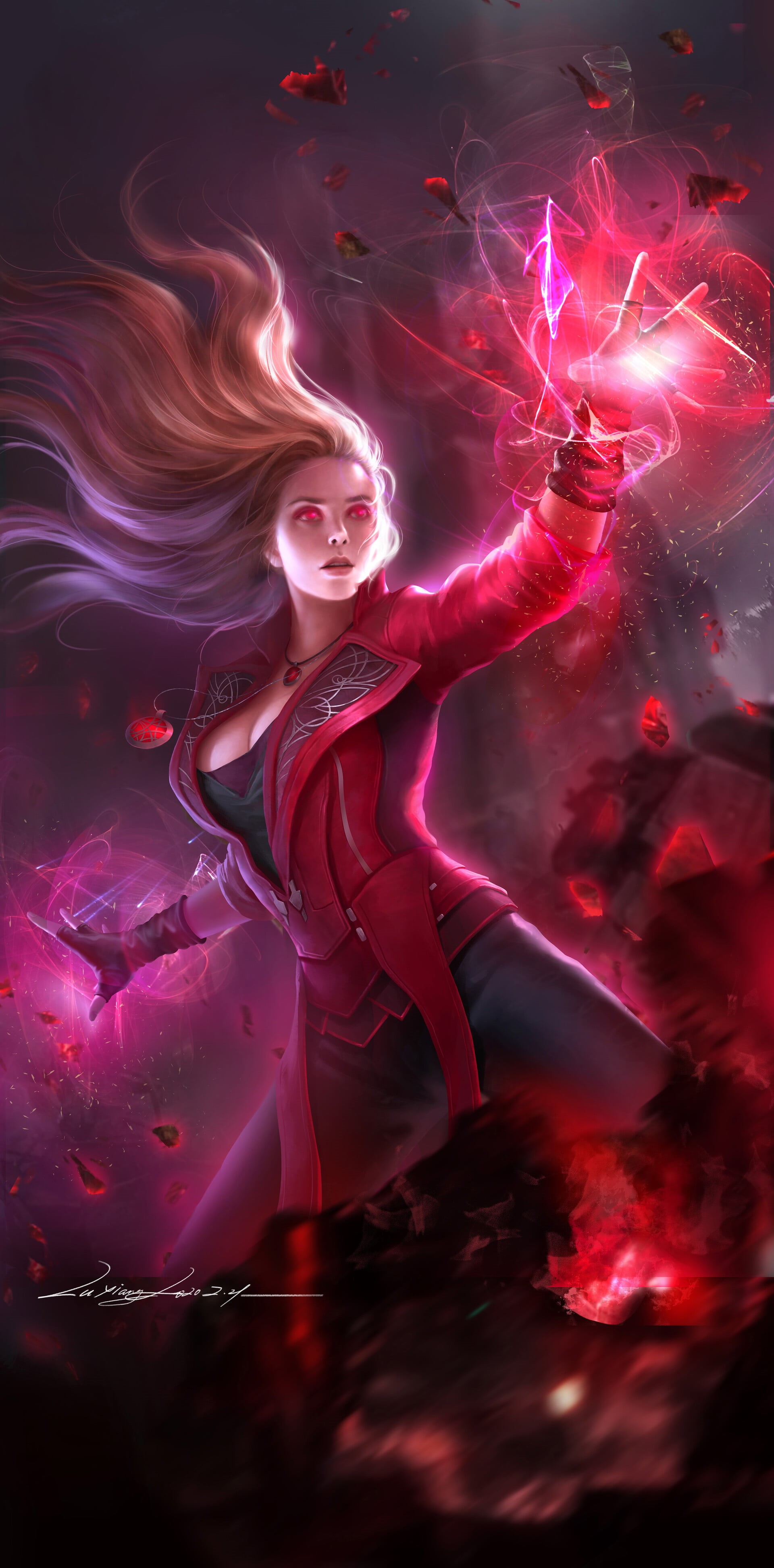 Scarlet Witch, fan art, red eyes, Marvel Comics, digital art, Marvel Girl, Wanda maximoff, glowing eyes, 4K Phone HD Wallpaper
