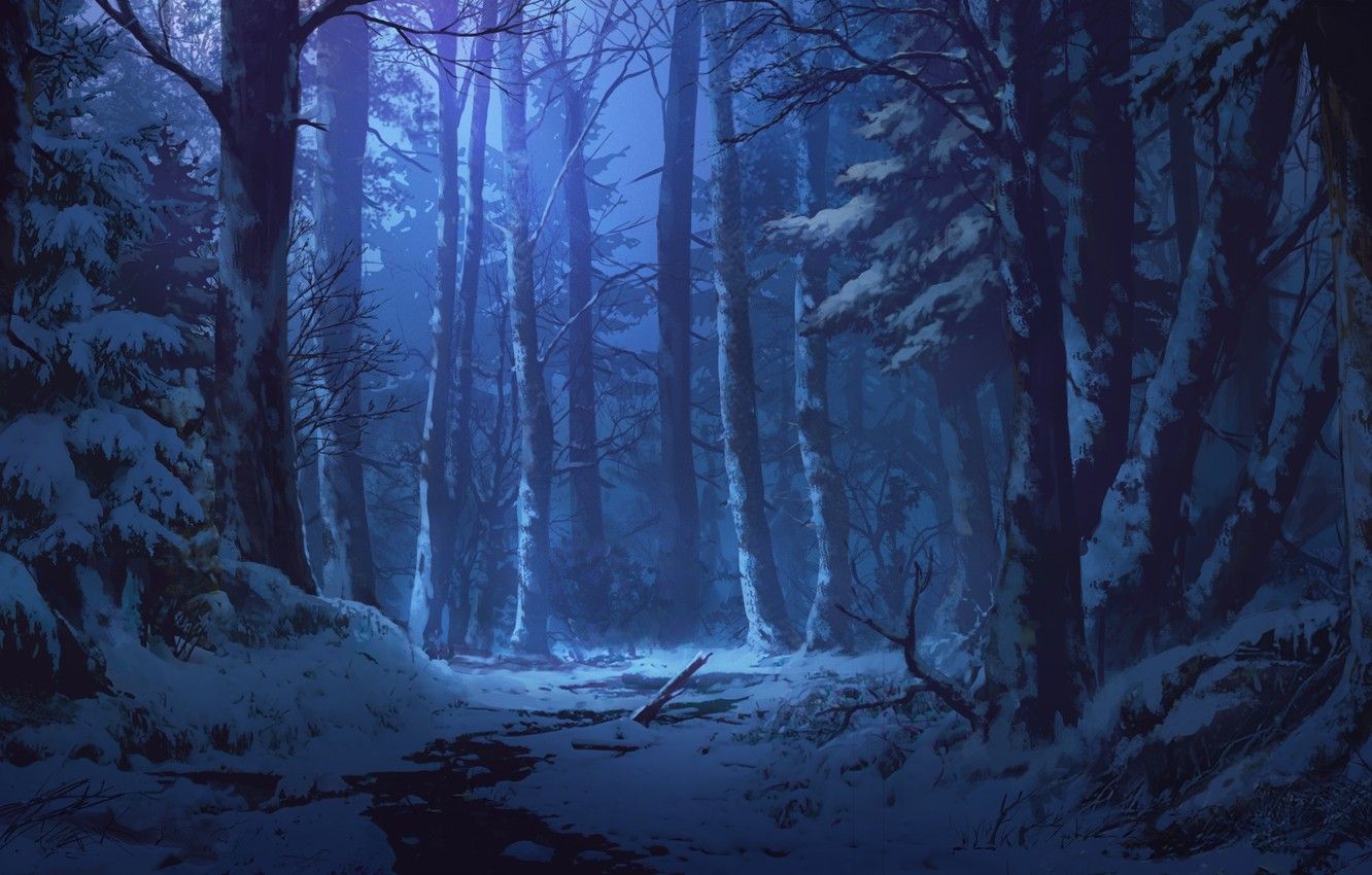 Photo wallpaper snow, stream, twilight, art, winter forest, Iku Can To Ada. Forest scenery, Scenery background, Night forest