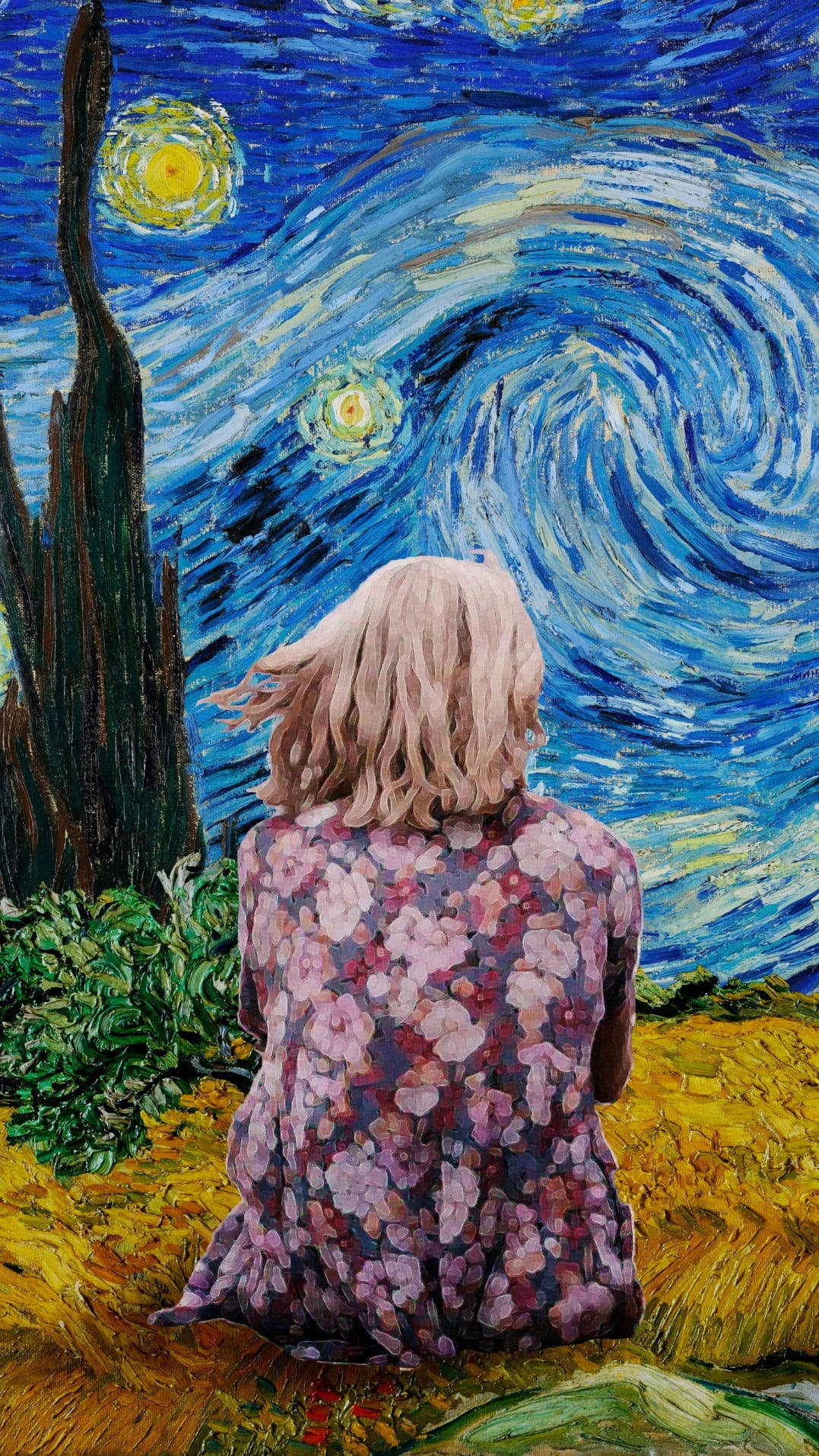 Download Solitary Girl Van Gogh Starry Night Wallpaper