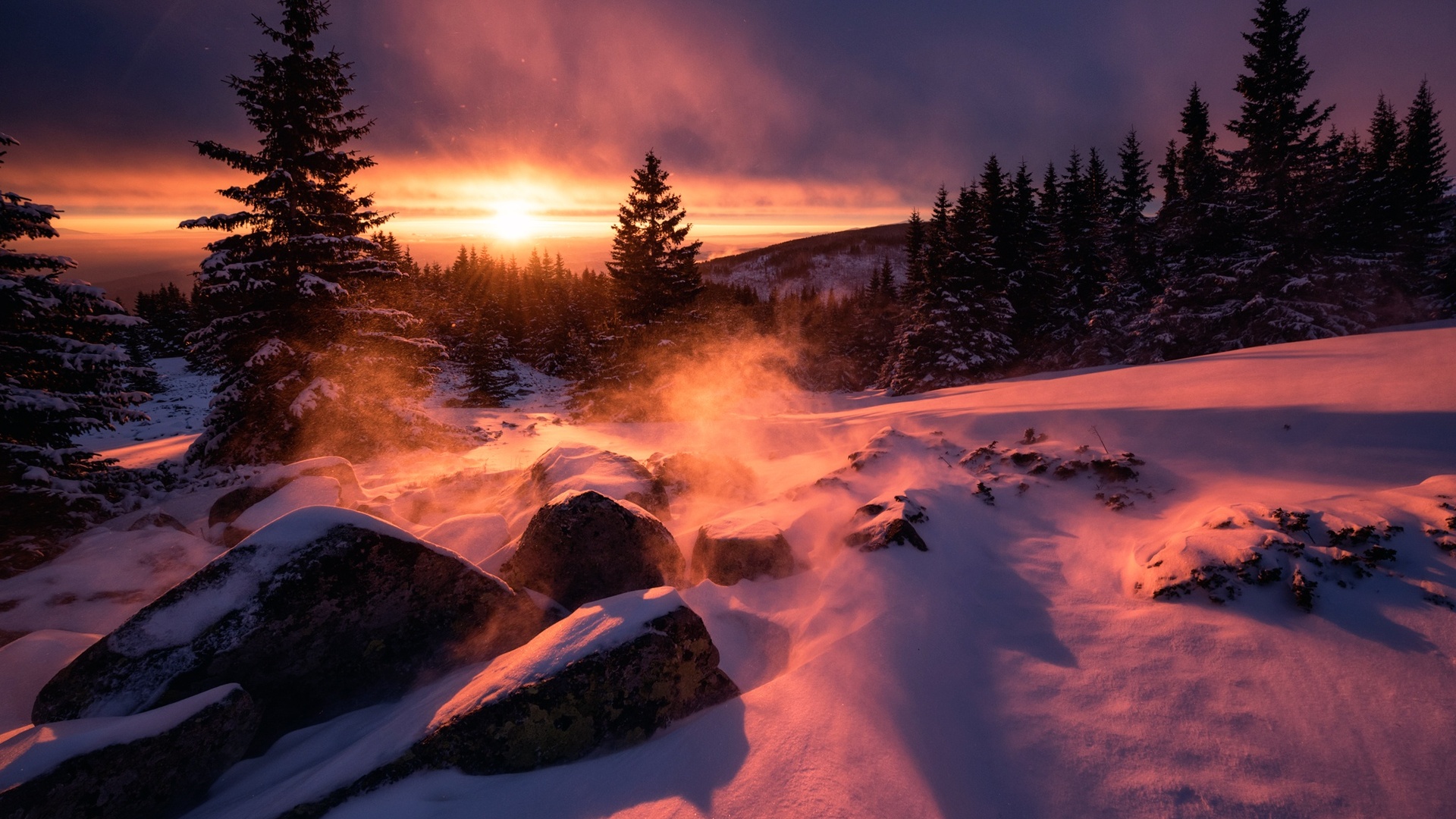 Winter Snow Sunset Laptop Full HD 1080P HD 4k Wallpaper, Image, Background, Photo and Picture