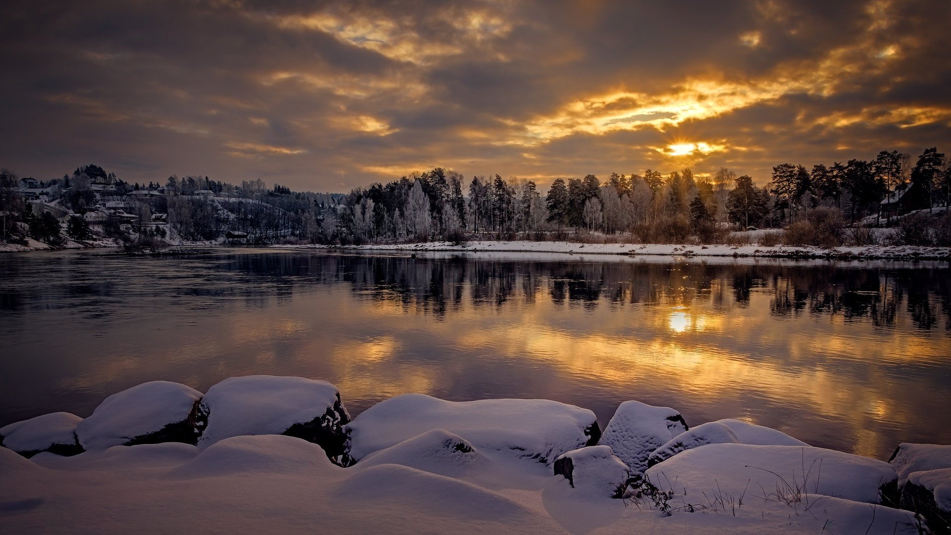 trees norway lake snow nature sunset winter landscap