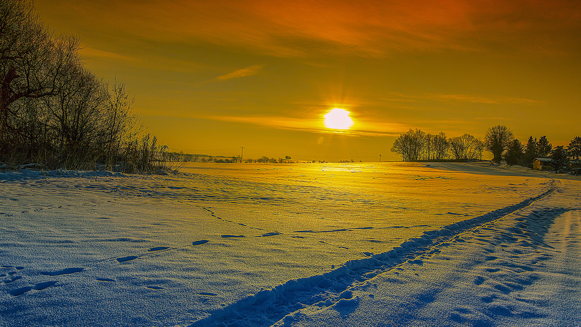 Picture Sun Winter Nature Snow sunrise and sunset 1920x1080
