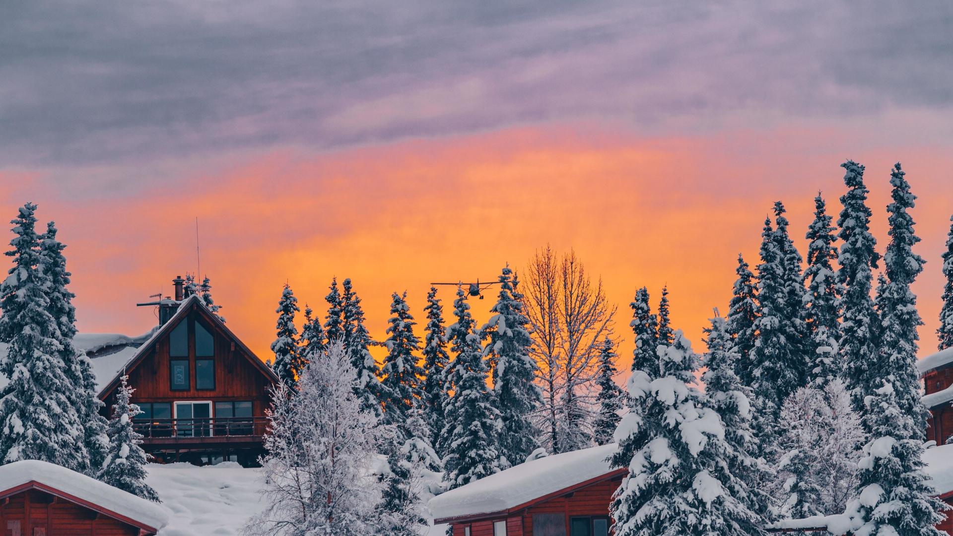Download wallpaper 1920x1080 houses, winter, golden glow, sunset, full hd, hdtv, fhd, 1080p wallpaper, 1920x1080 HD background, 23633