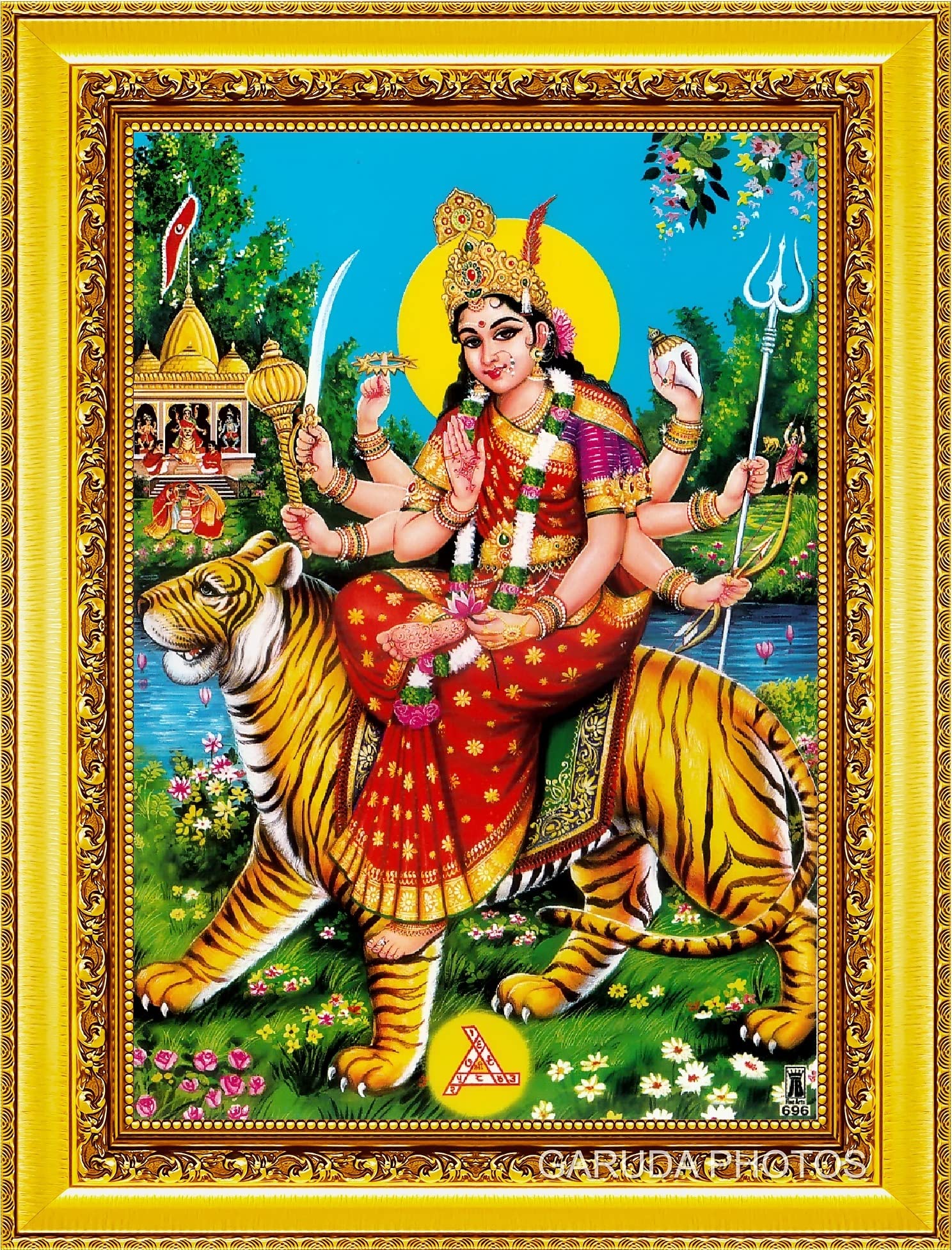Garuda Photo Sri Durga Devi Photo Frame; Durga maa photo for Pooja; Ambe mata photo; Sherawali mata on Tiger; Durge Maa; Durga Bhavani Photo; Matha; Durge; (Small (9x7 Inch))