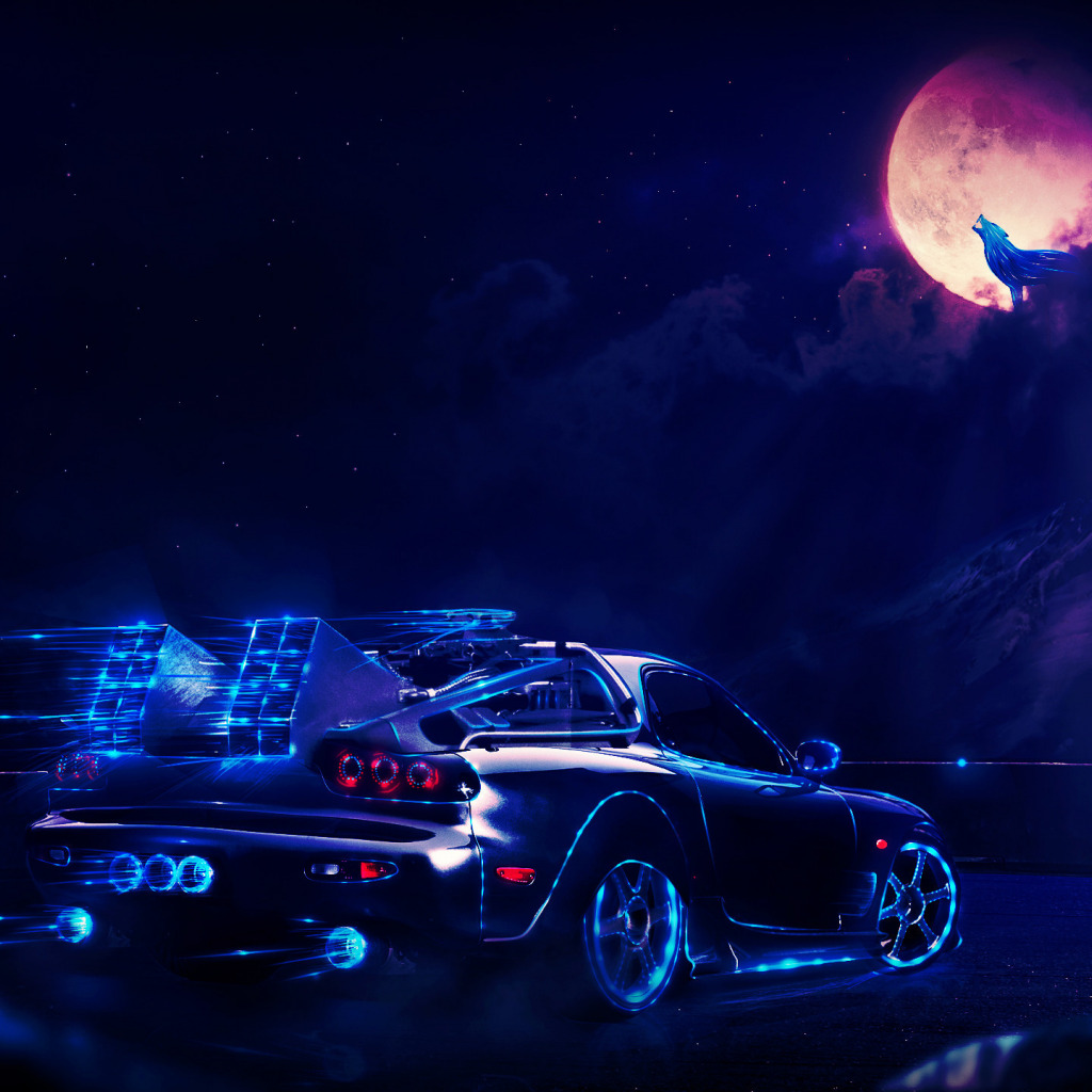 Download wallpaper car, dark, light, red, moon, white, black, blue, section fantasy in resolution 1024x1024