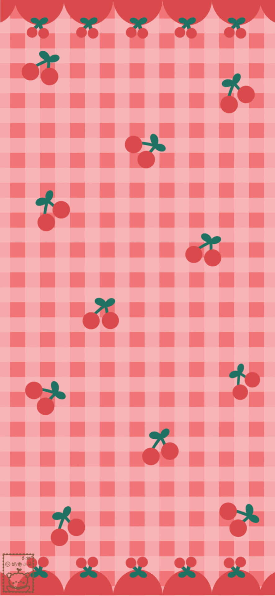 Download Pink Checkered Cute Red Cherries Wallpaper