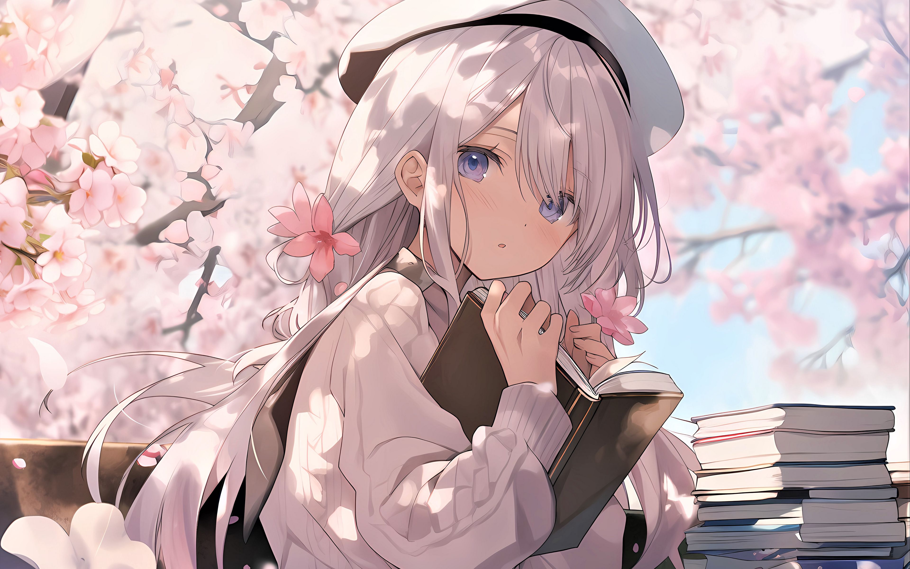 Download wallpaper 3840x2400 girl, book, flowers, pink, anime 4k ultra HD 16:10 HD background