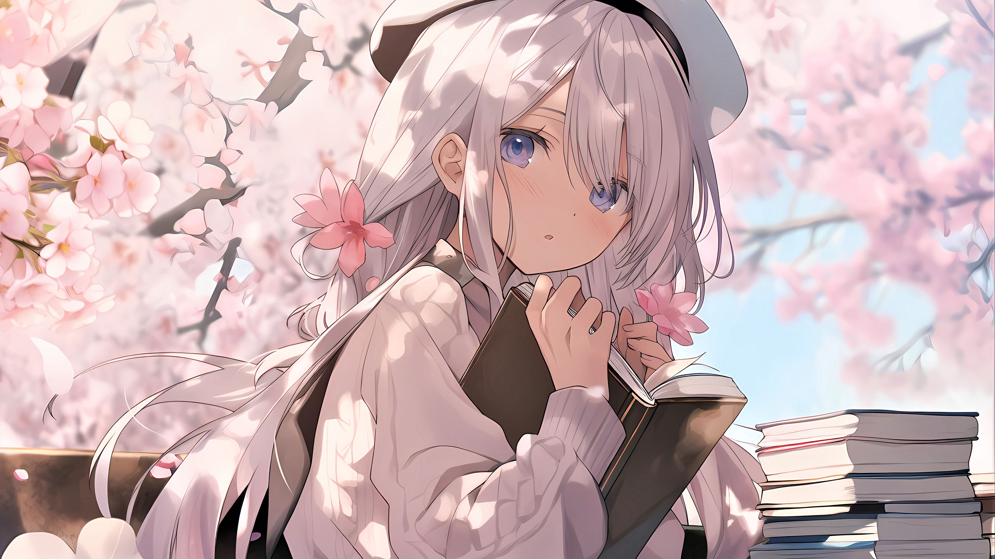 Download wallpaper 3840x2160 girl, book, flowers, pink, anime 4k uhd 16:9 HD background