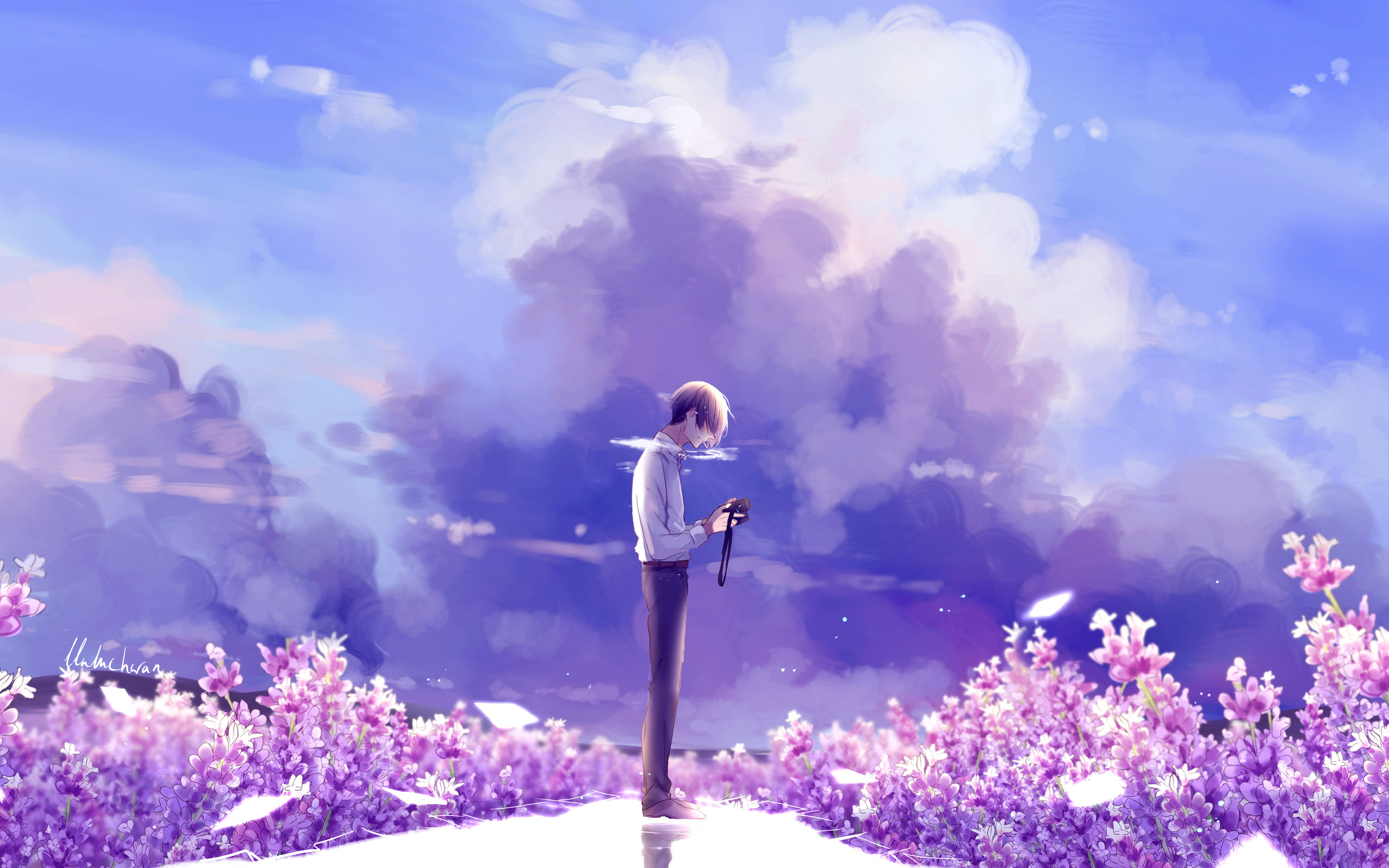 Animeguy Animemanga Clouds Digital Flowers Illustration Lavender Macbook Pro Retina HD 4k Wallpaper, Image, Background, Photo and Picture