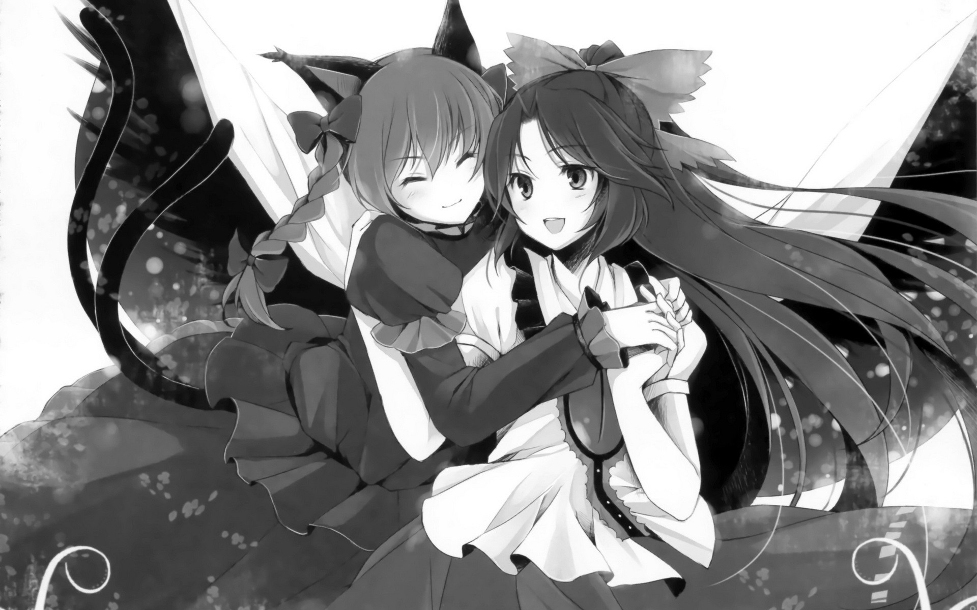 HD desktop wallpaper: Anime, Monochrome, Touhou, Utsuho Reiuji, Rin Kaenbyou download free picture