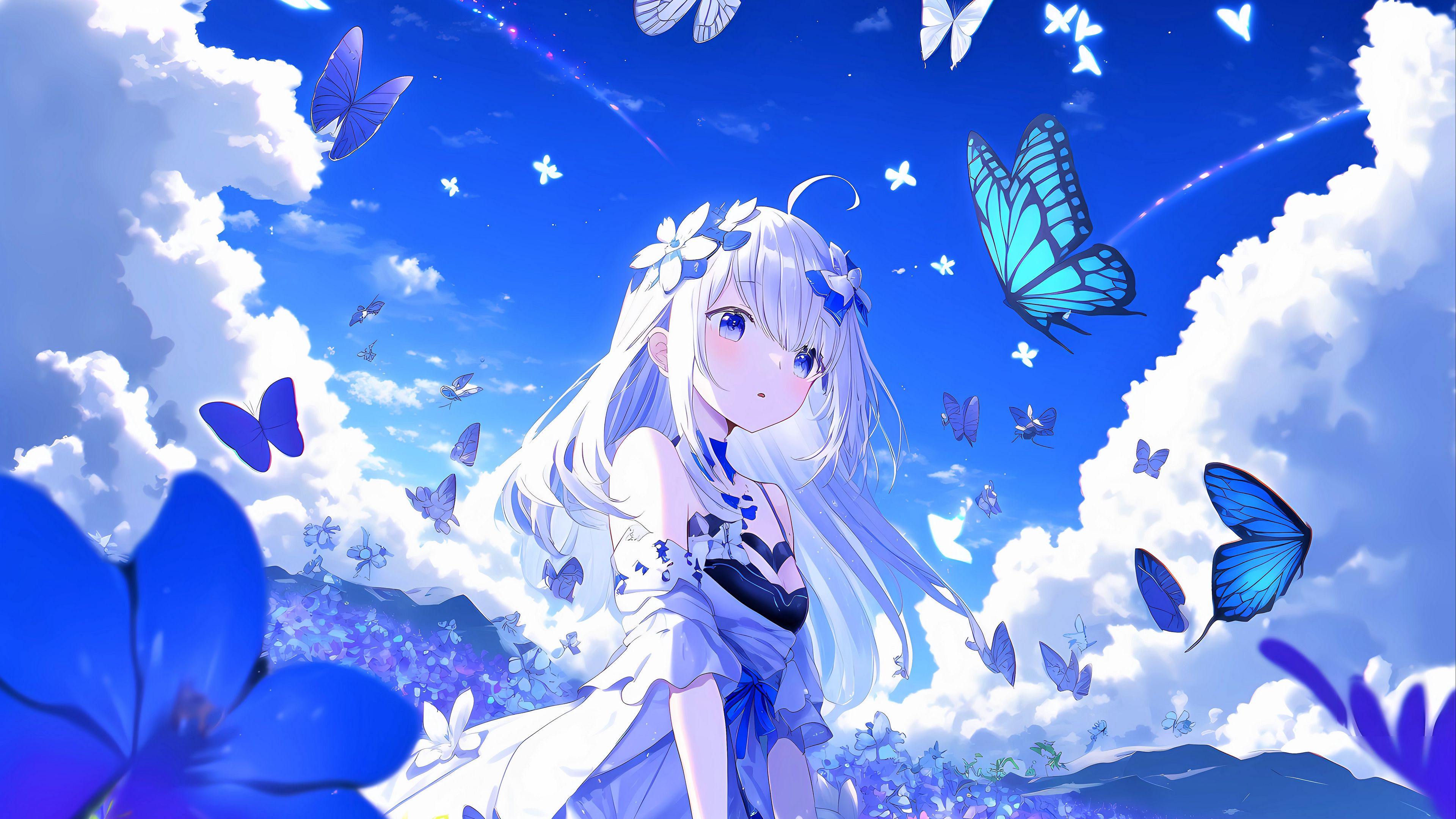 Download wallpaper 3840x2160 girl, flowers, anime, butterflies, blue 4k uhd 16:9 HD background