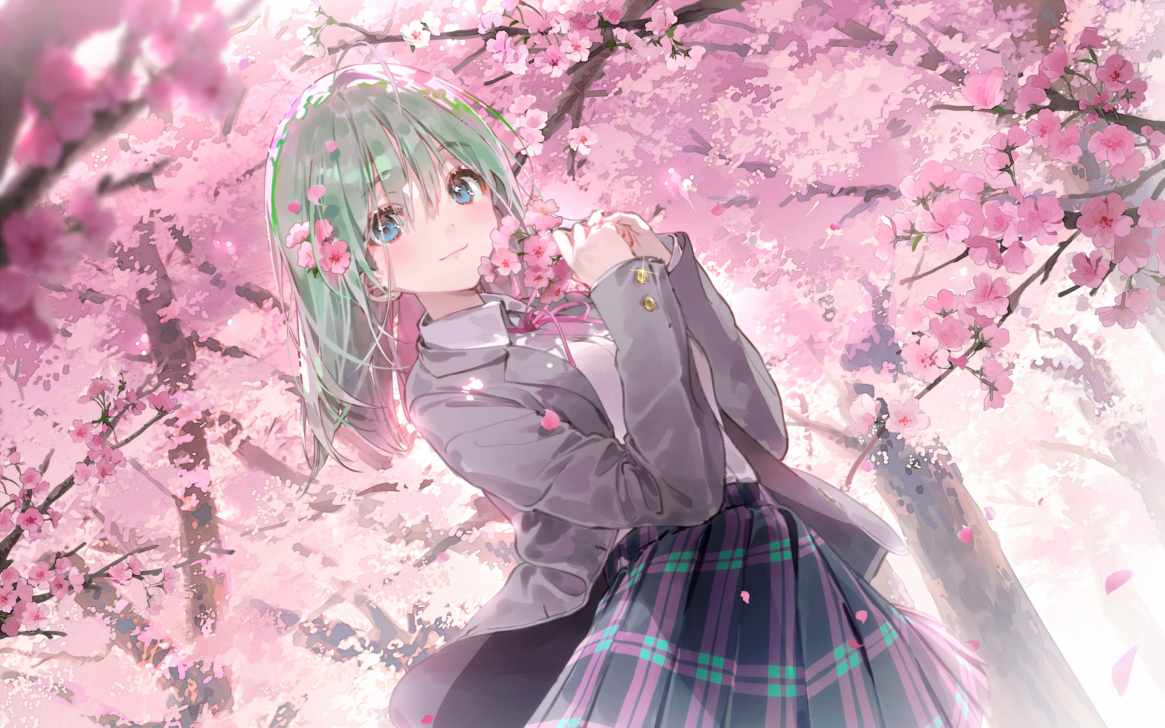 Download wallpaper 3840x2400 girl, schoolgirl, sakura, flowers, anime, art 4k ultra HD 16:10 HD background
