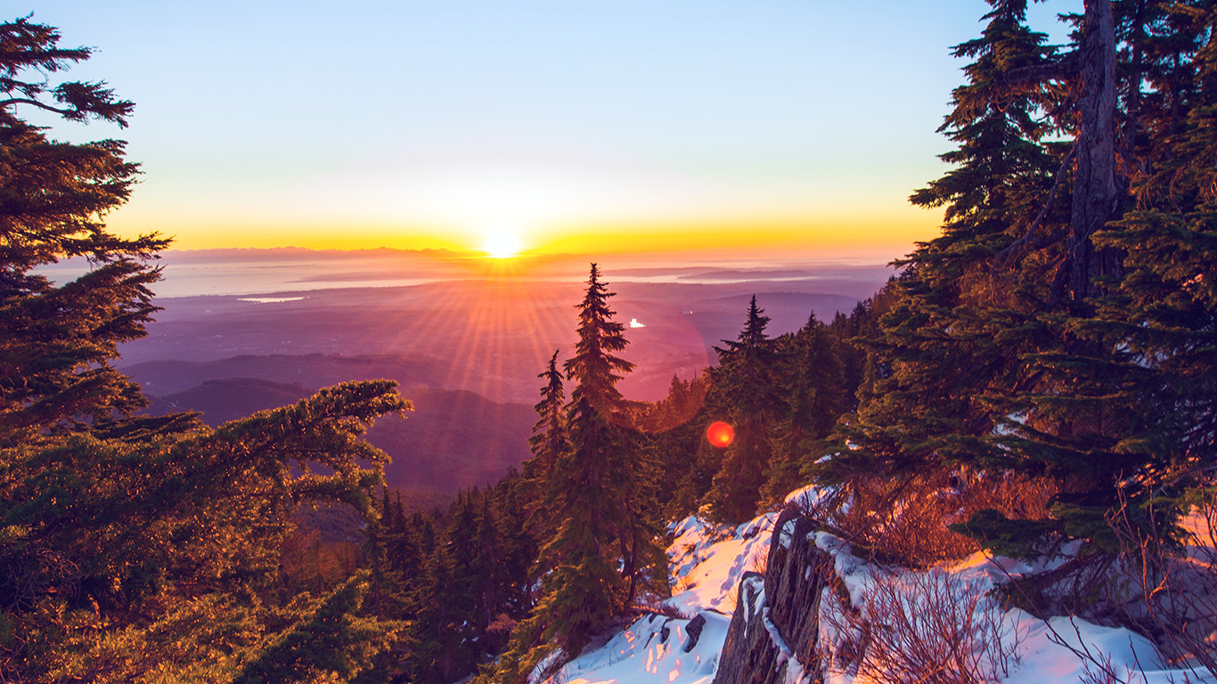 wallpaper for desktop, laptop. mountain snow winter sunset wood nature flare