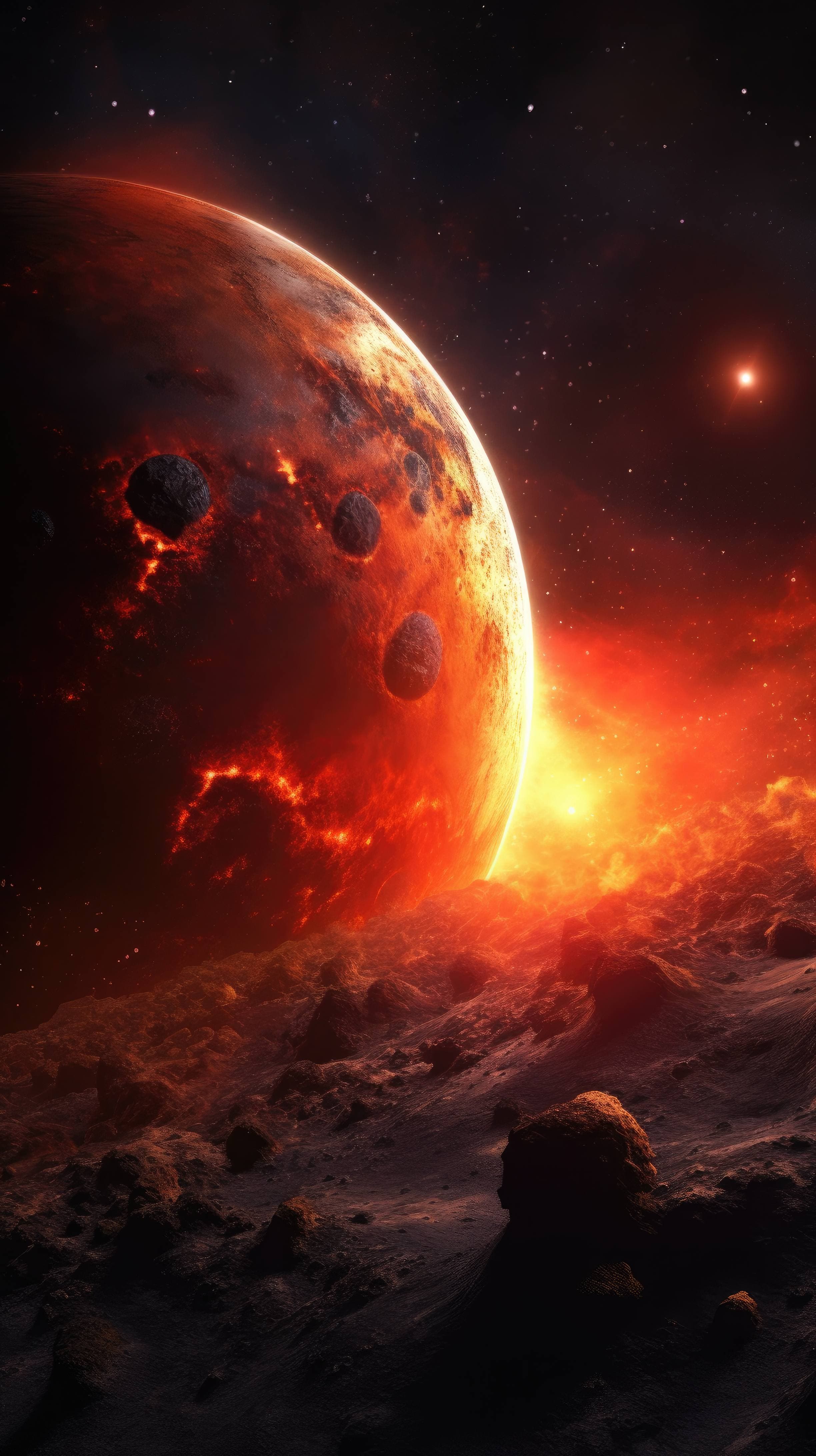 a cosmic wallpaper with a gigantic planet in the foreground, surrounded by an asteroid belt