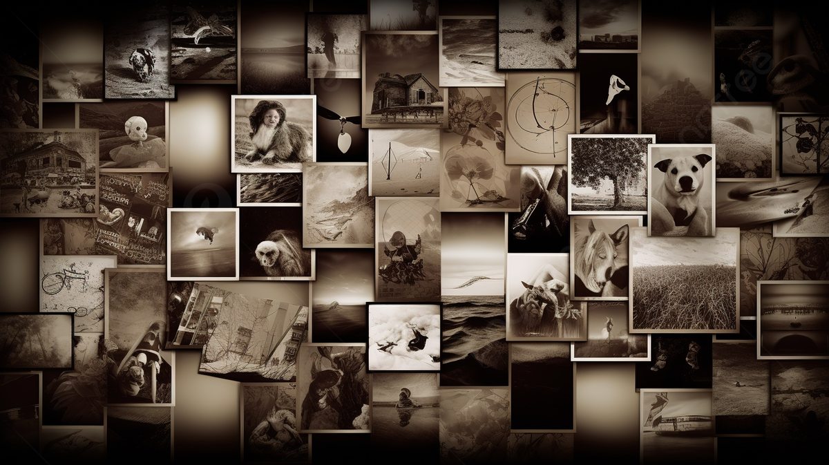 Collage Of Art Print Picture In A Dark Brown And White Background, A Words With Picture Background Image And Wallpaper for Free Download