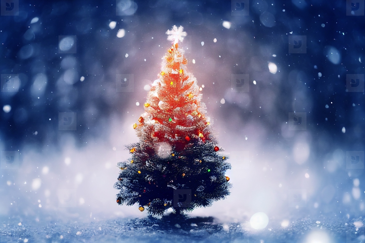 Abstract blurred bokeh background of Christmas tree with snow an
