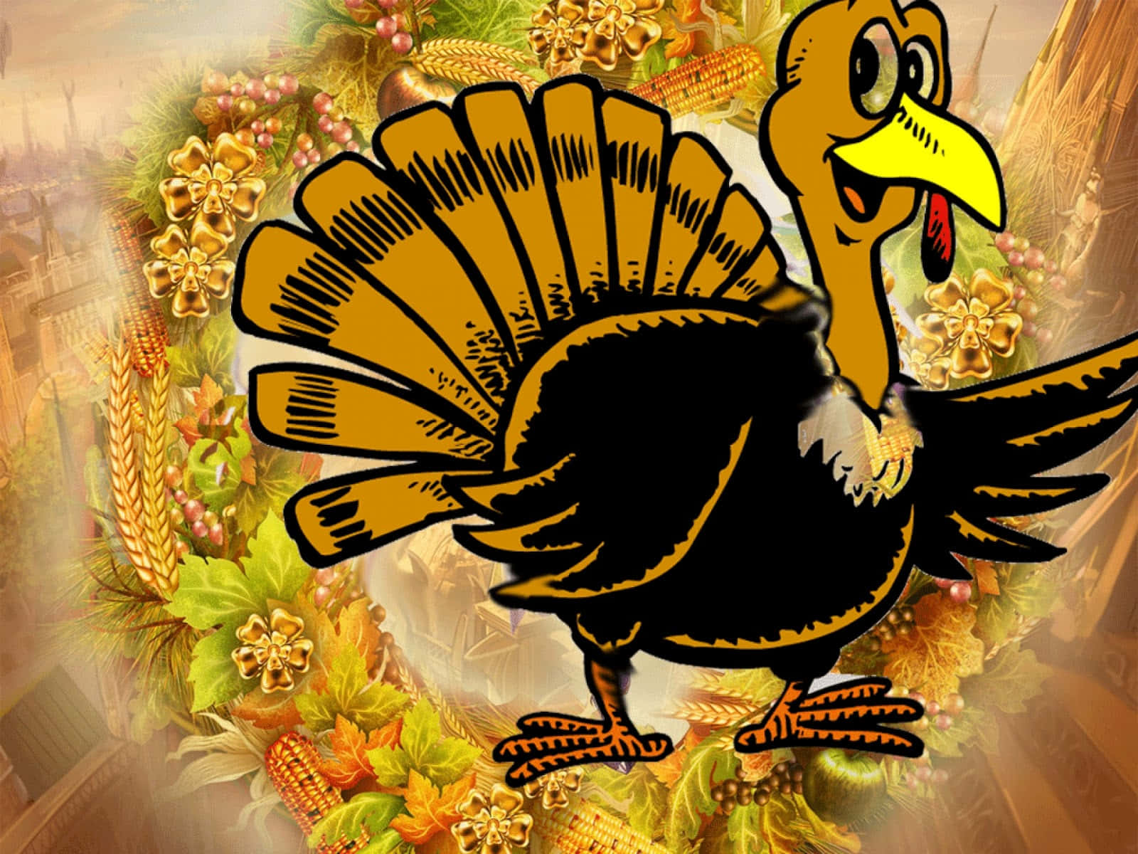 Download Festive cartoon characters celebrating Thanksgiving Wallpaper