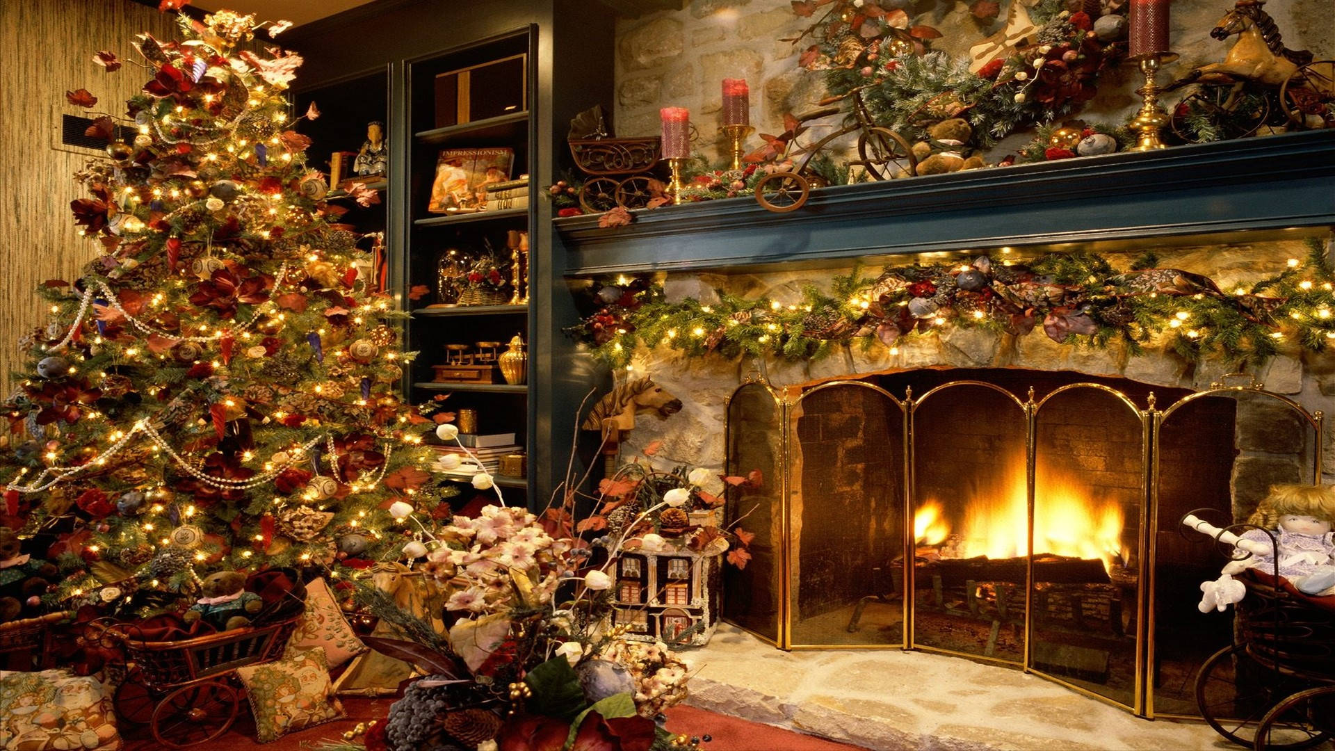 Download Cabin Fireplace Merry Christmas HD Wallpaper