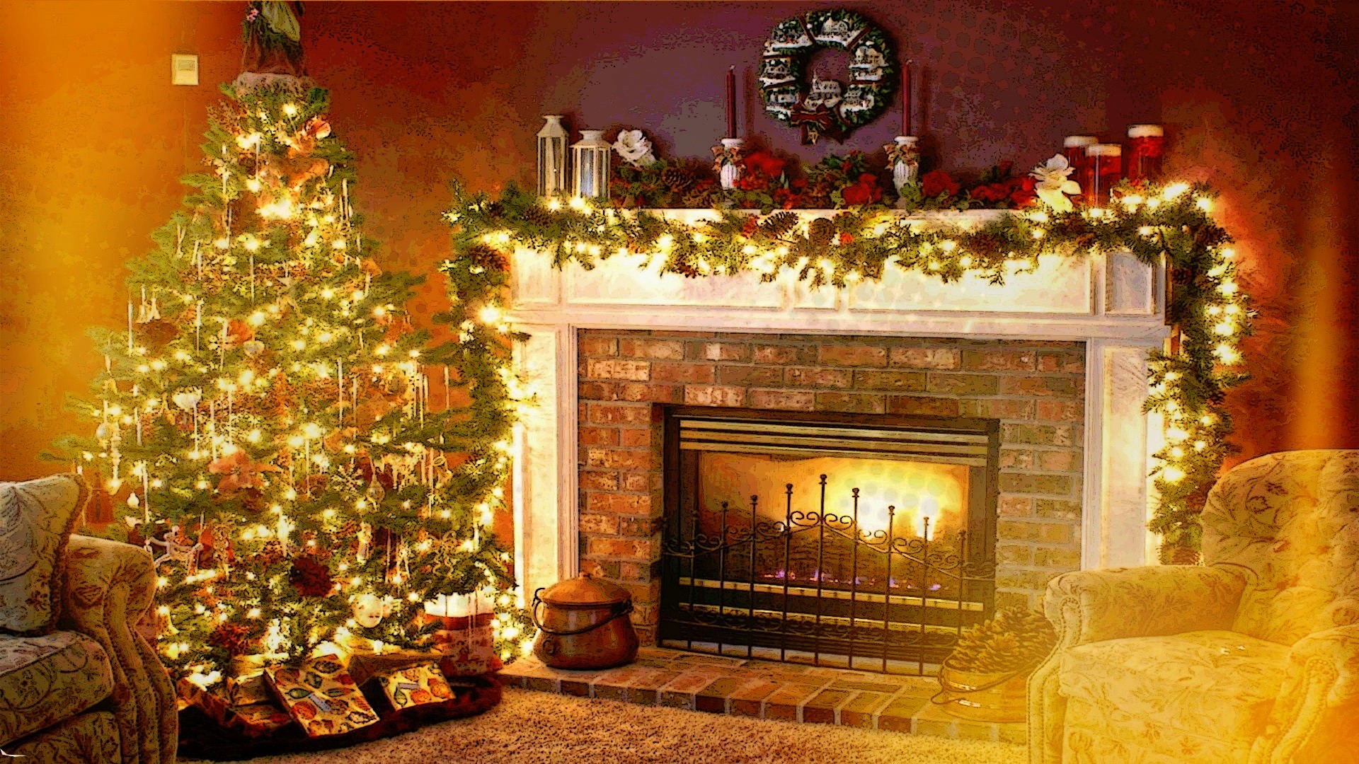 HD desktop wallpaper: Chair, Christmas, Holiday, Christmas Tree, Living Room, Wreath, Fireplace download free picture