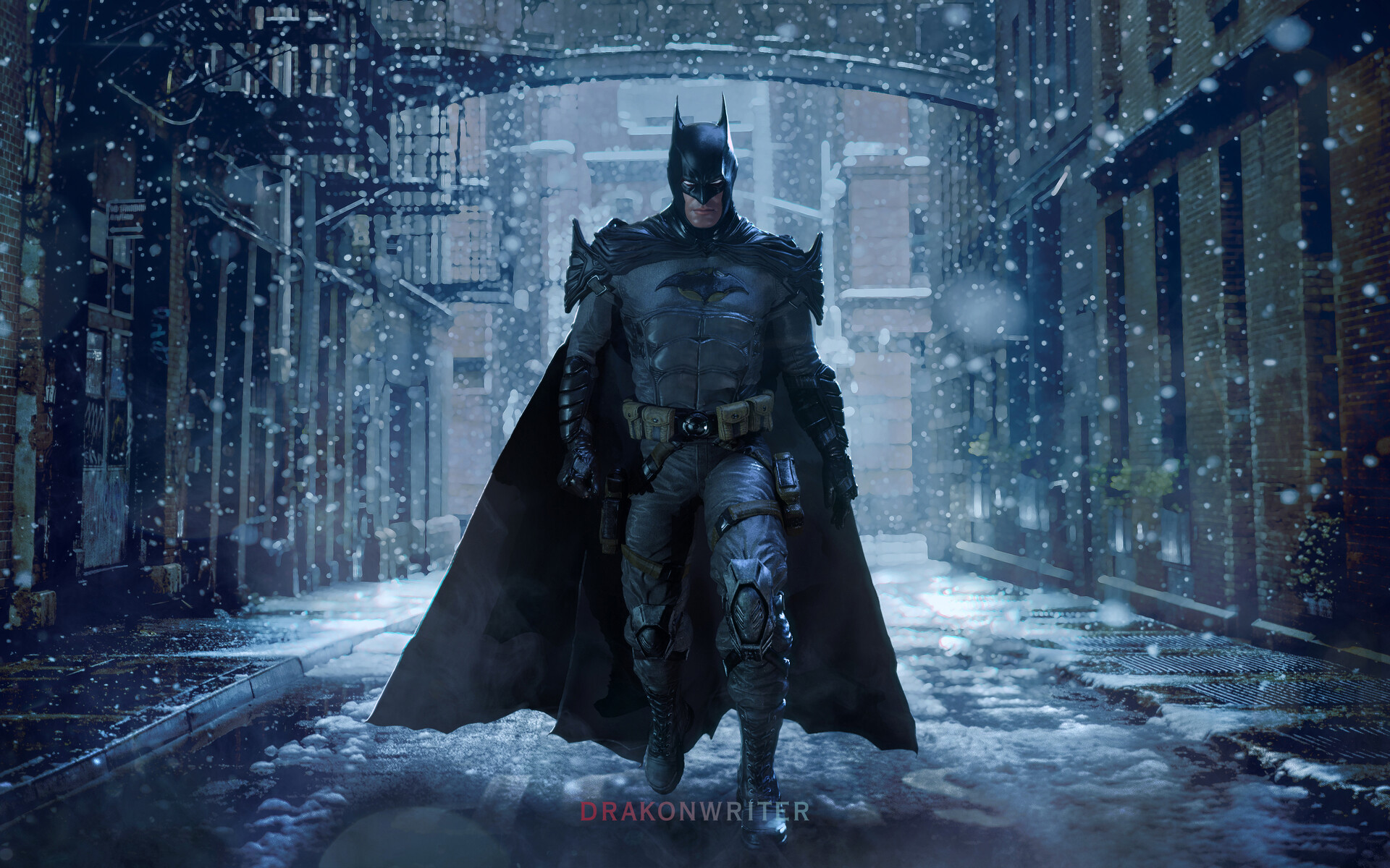 Batman in winter Gotham 3D art inspired by Lee Bermejo Batman: Noel
