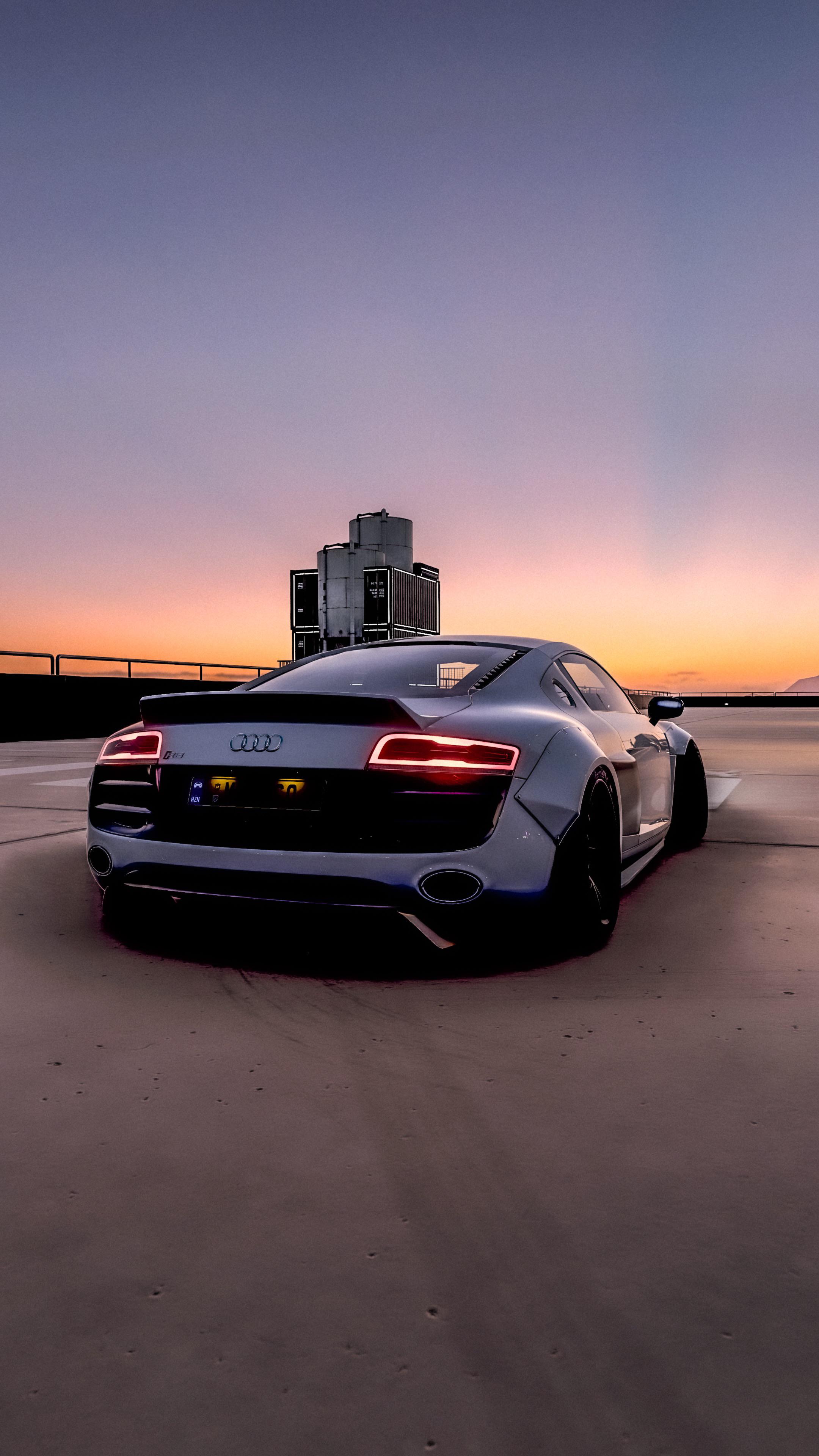 Sunset with Audi R8 widebody on parking garage. Map Code: 973 603 641