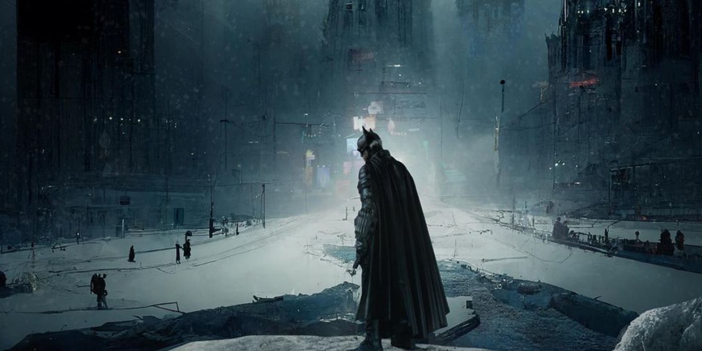 Screen Rant impressive piece of fan art for The Batman 2 imagines Gotham City freezing over in the winter following the Riddler's bombing of the seawall