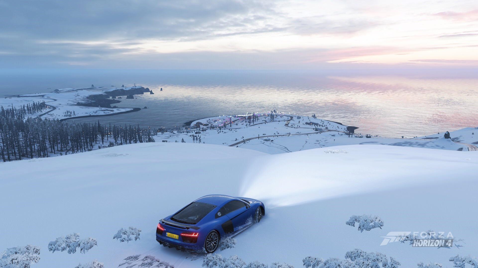 Audi R8 V10 Plus looking over Fortune Island