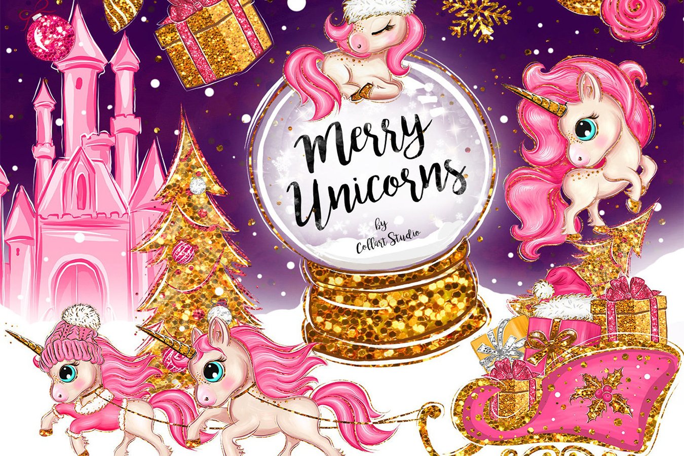 Christmas Unicorn Clipart, Xmas illustrations, unicorns