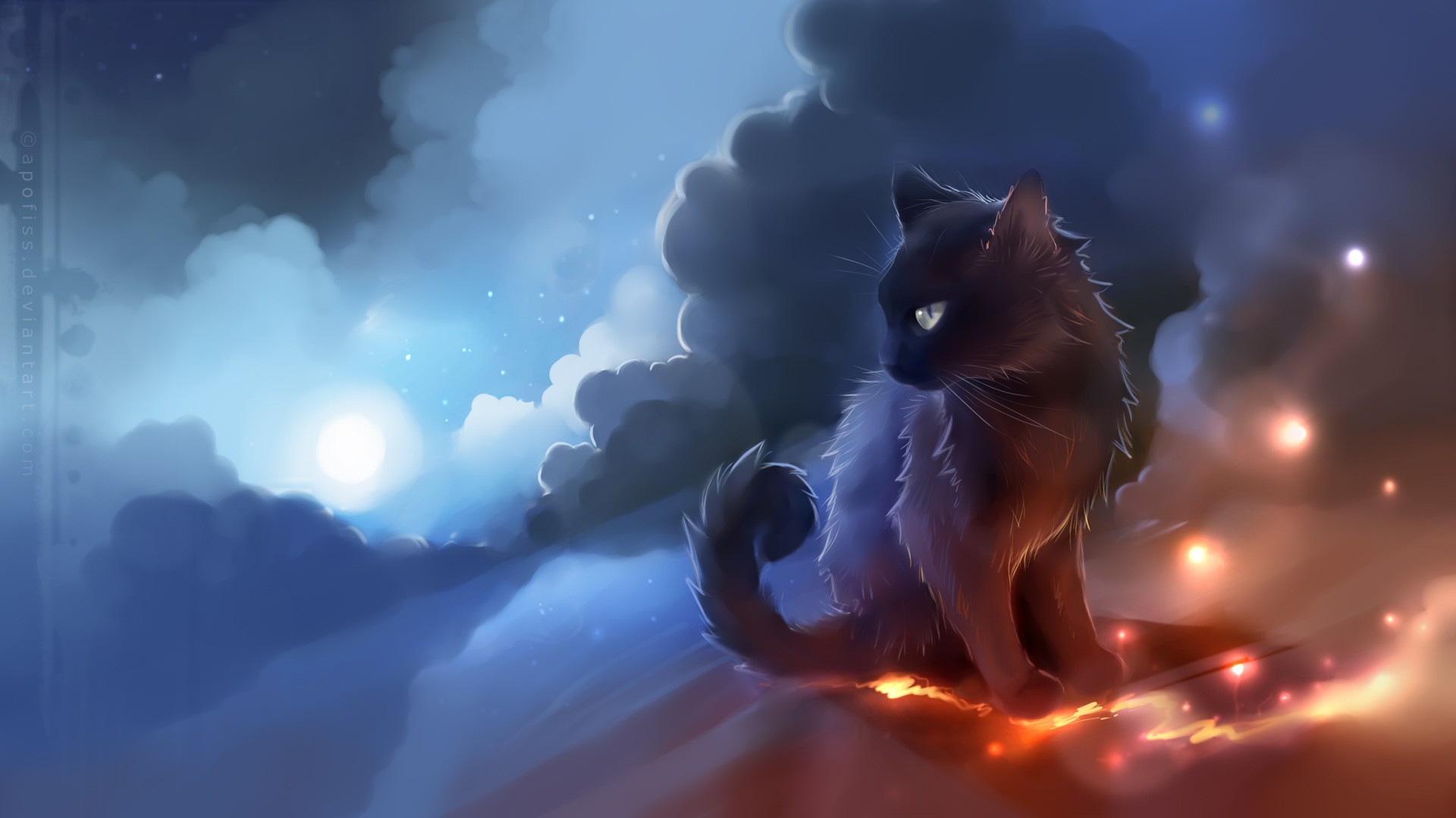 Apofiss, cat, glowing, clouds, artwork, anime (1920x1080px) on Wallls.com