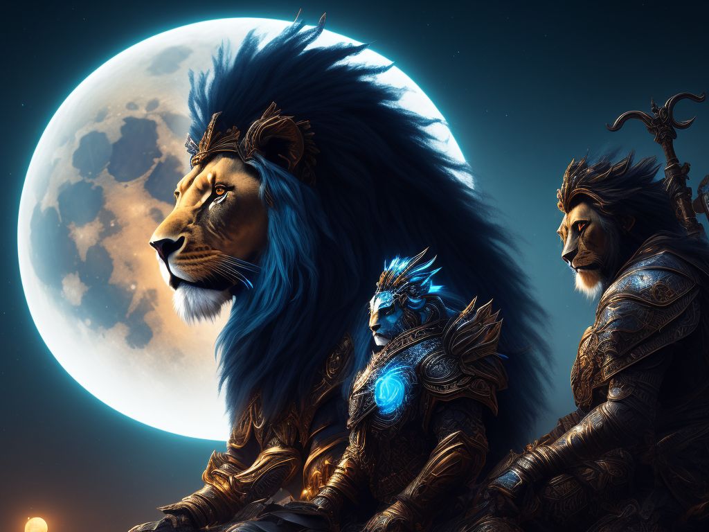 Bogus Okapi448: A Lion With Blue Glowing Armor And Wings And A Darkskin Man Sitting On Back Of The Lion With Dreadlocks And A Beard With Orange Glowing Armor On And A Spear