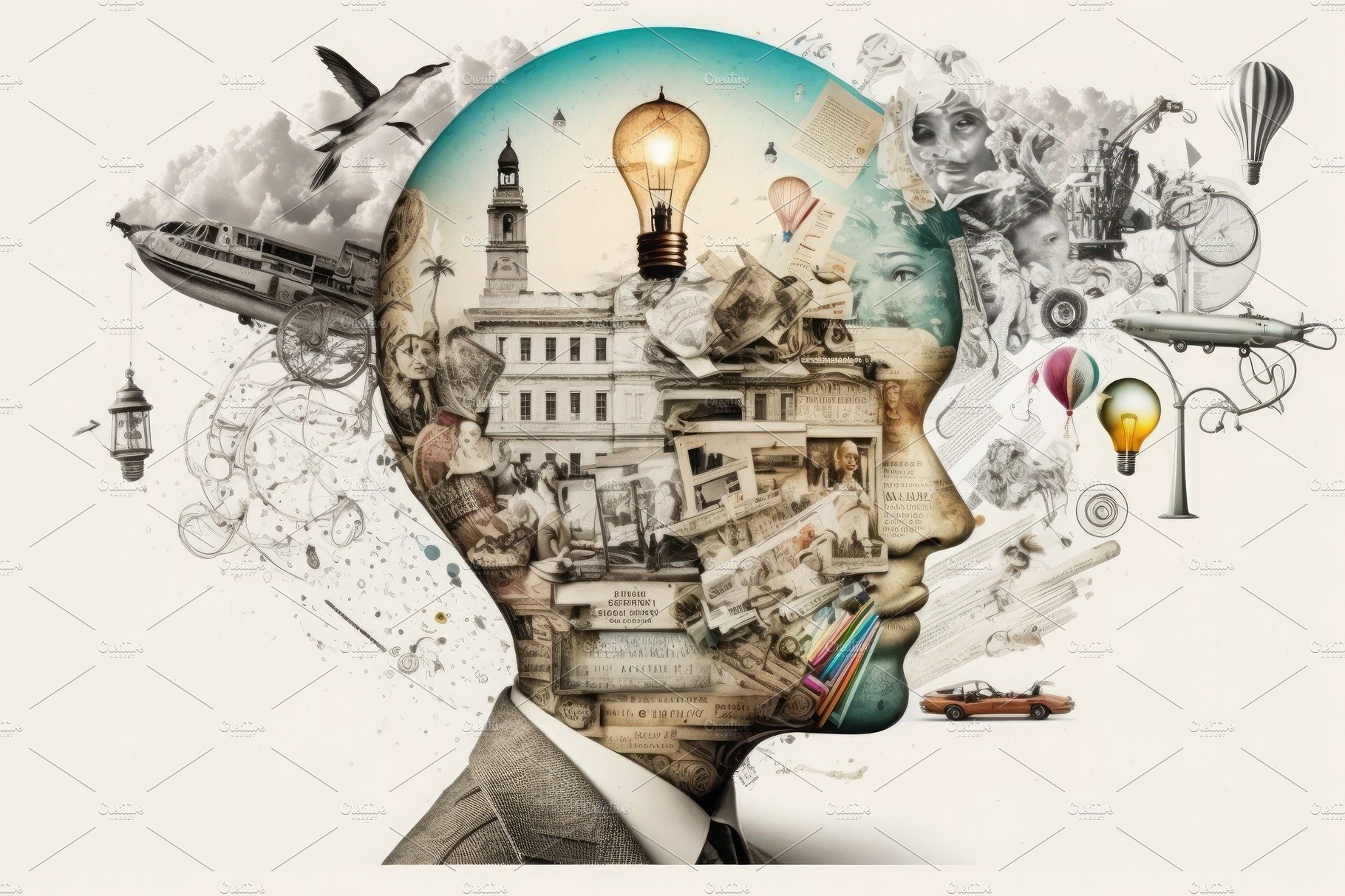 Creative mind. Concept of intelligence. Art collage on a white background. Gene. People Illustrations Creative Market